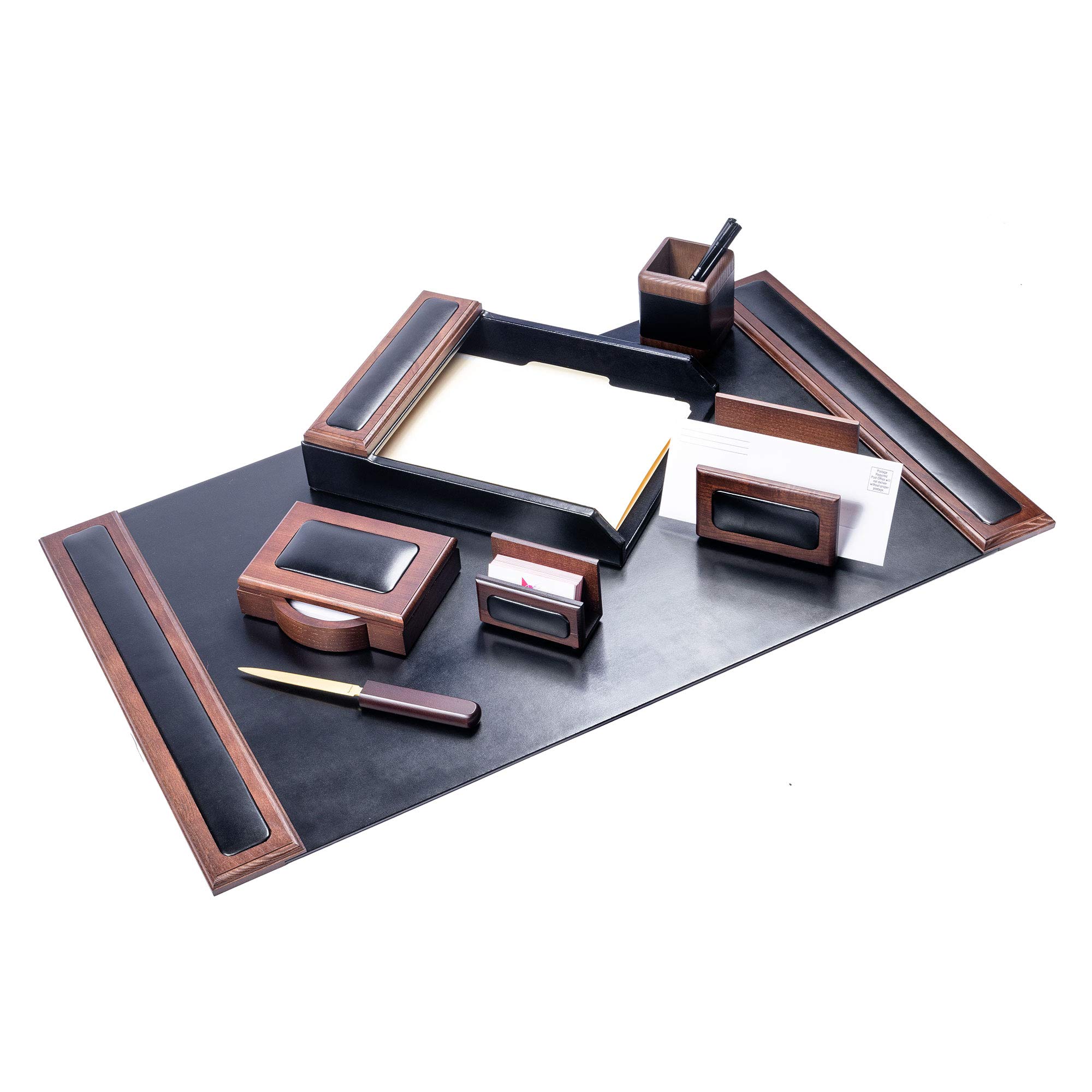 Premium Dacasso Wood & Leather Desk Set - Luxury Leather Desk Pad & Office Organizer with Walnut Wood & Black Leather (7-Piece) - Perfect for Executive Desks, Home Office & Professional Workspaces