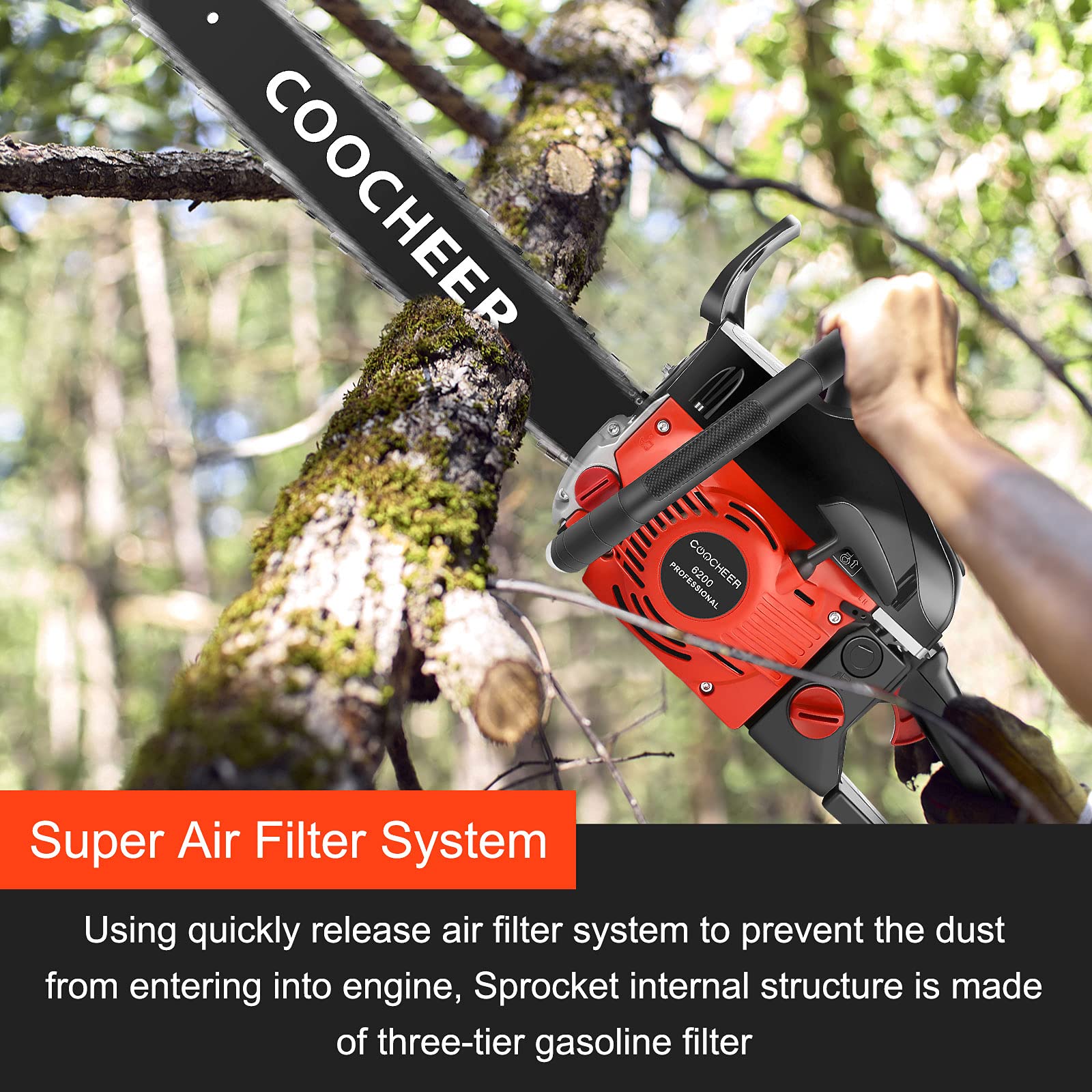 COOCHEER 62CC 2-Stroke Gas Chainsaw - 20-Inch Portable Top Handle Chainsaw with 2 Chains & Tool Kit - Powerful Gas-Powered Chainsaw for Tree Cutting, Felling, Stump Removal & Woodcutting - Ideal for Landscaping, Firewood Preparation & Yard Maintenance (Upgraded Model)