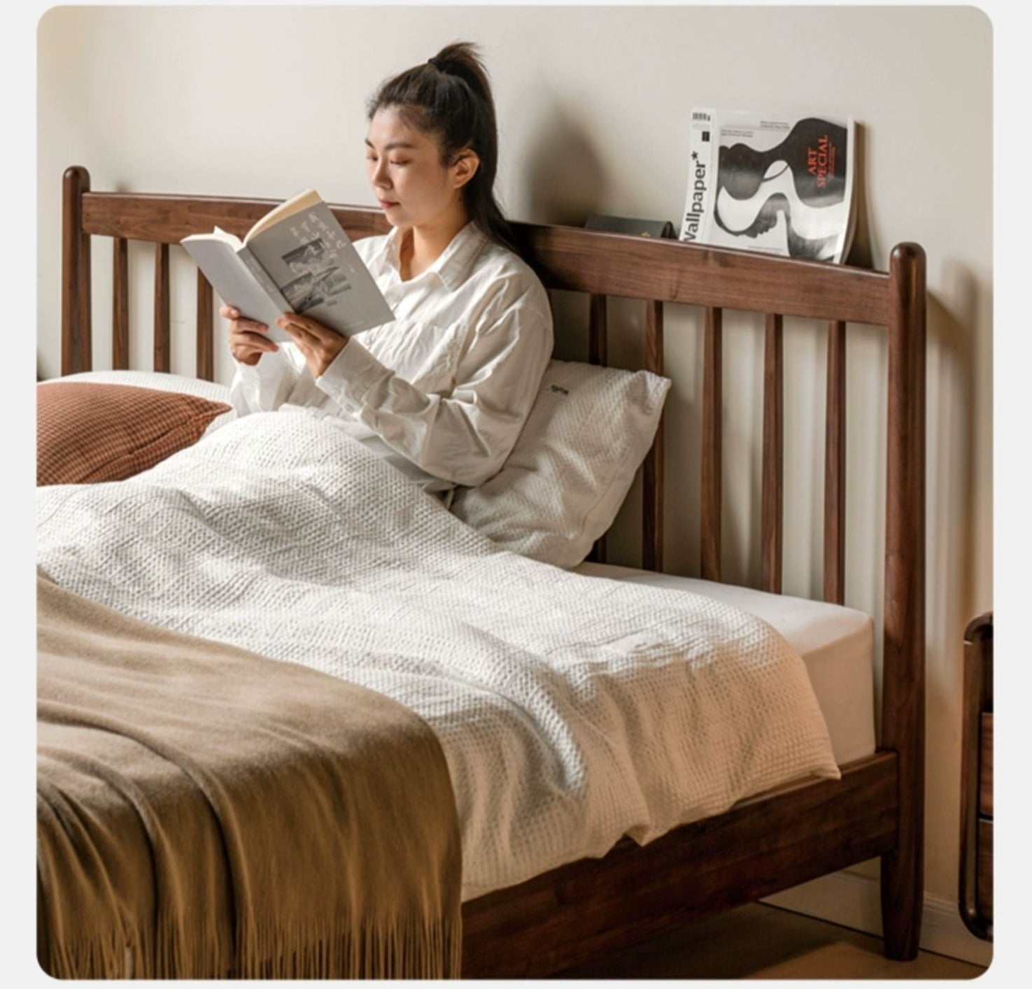 Modern Black Walnut Solid Wood Bed Frame - Queen Size Platform Bed with Headboard - Eco-Friendly Hardwood Bedroom Furniture for Master Bedroom & Guest Room