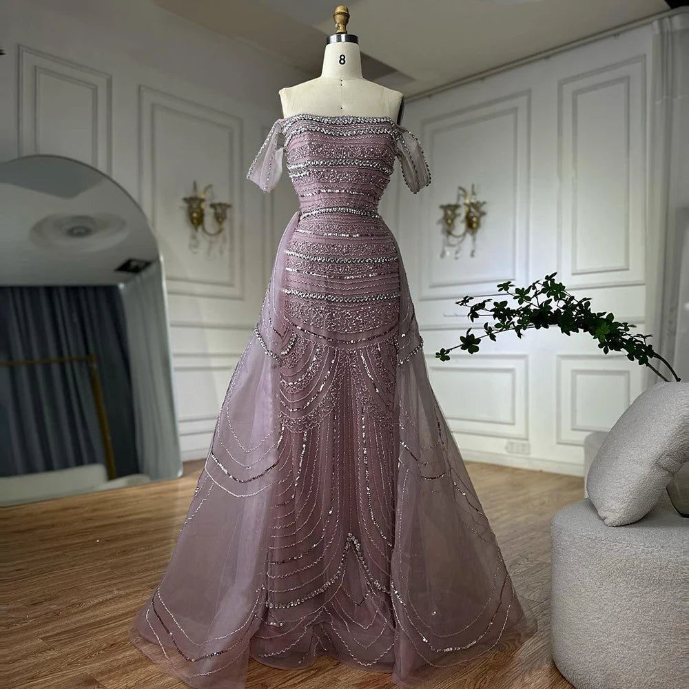Elegant Dubai Arabic Pink Mermaid Beaded Evening Gown with Detachable Satin Overskirt - Formal Dress for Weddings, Galas & Special Occasions LA72781