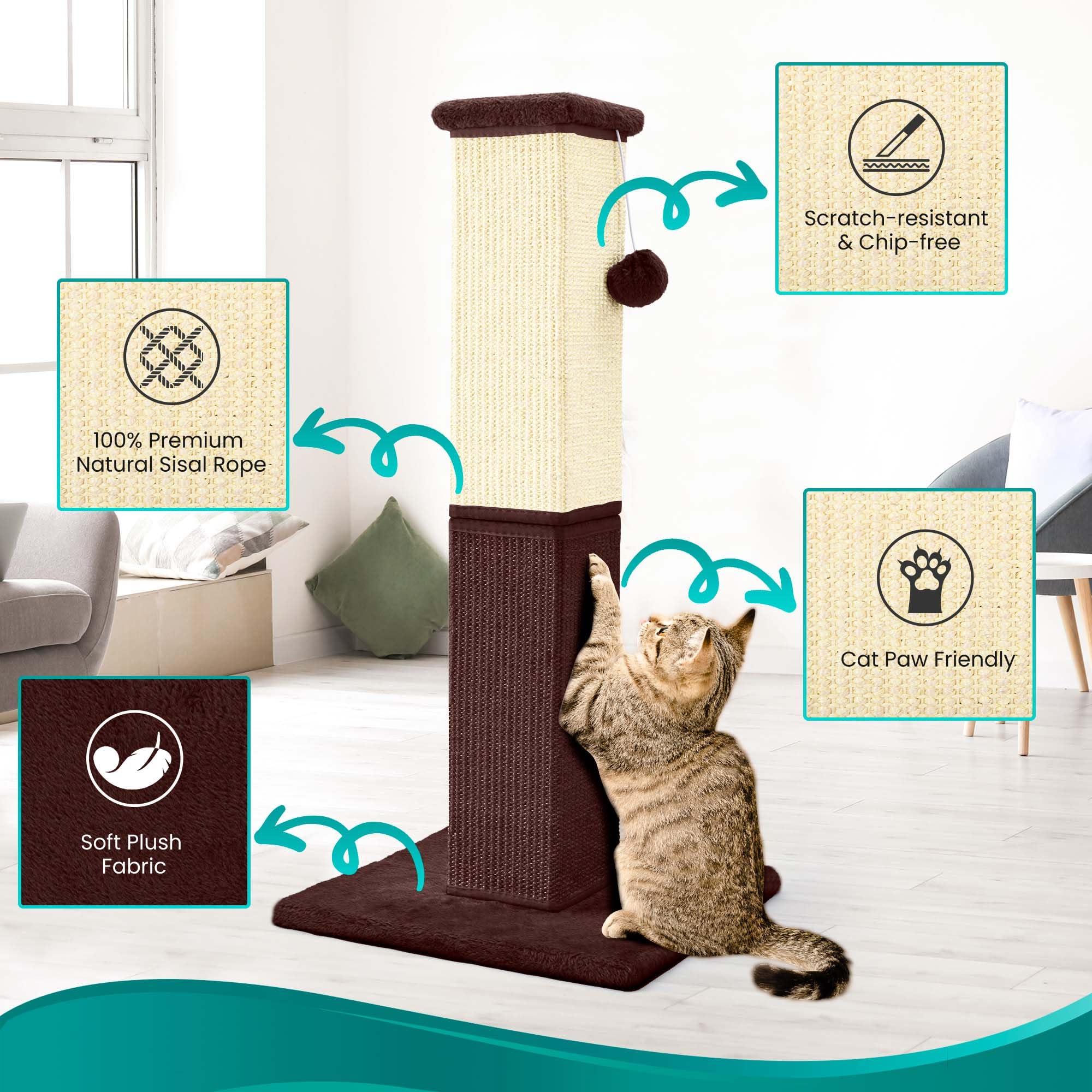 32 Inch Tall Cat Scratching Post for Large Cats - Natural Sisal Cat Scratcher for Indoor Kittens & Adult Cats (Brown) - Perfect for Living Room, Bedroom & Home Office Cat Furniture
