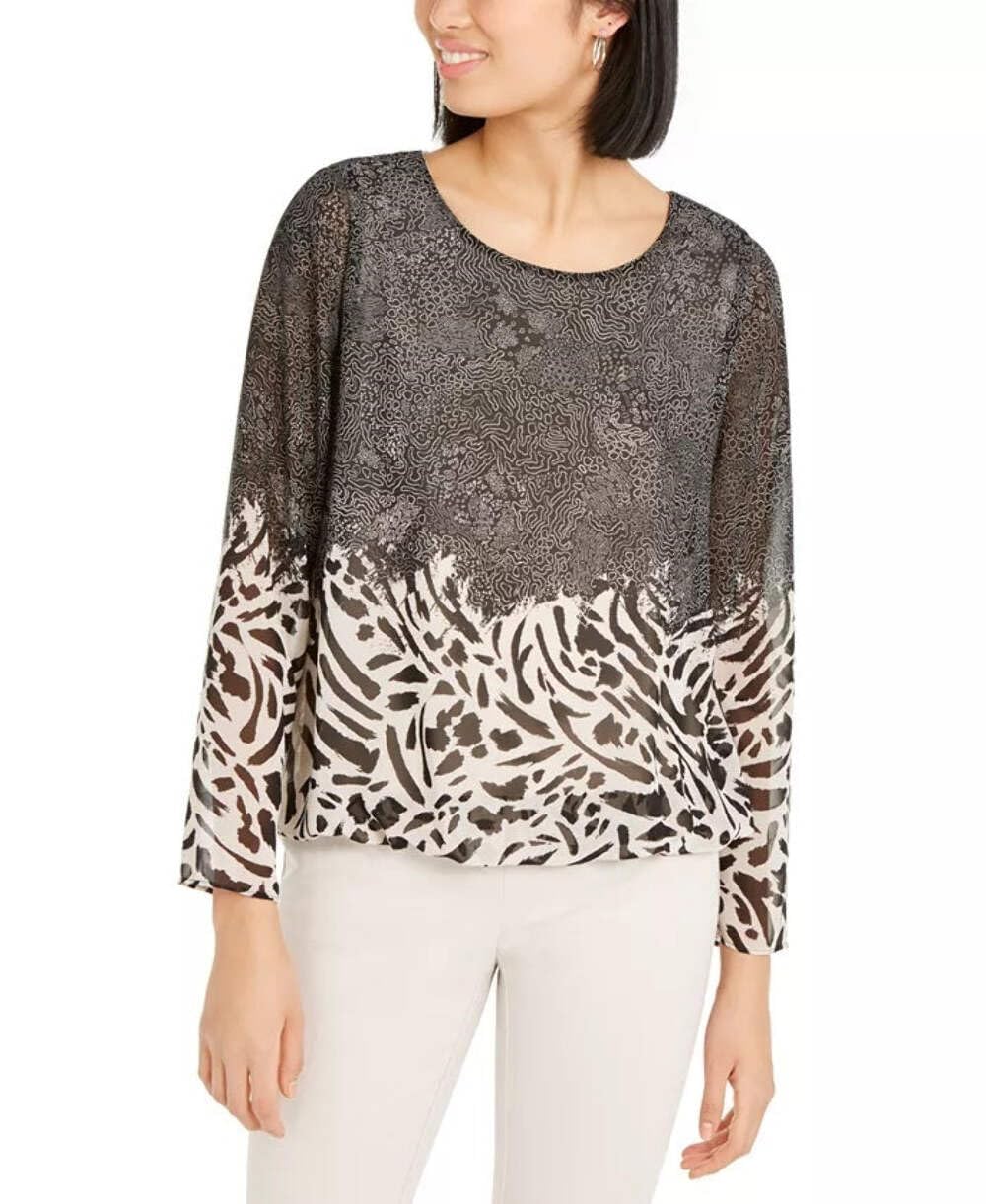 Alfani Women's Printed Angel Sleeve Bubble Top - Black, Size Small | Flowy Blouse for Casual Wear, Date Night & Office Outfits
