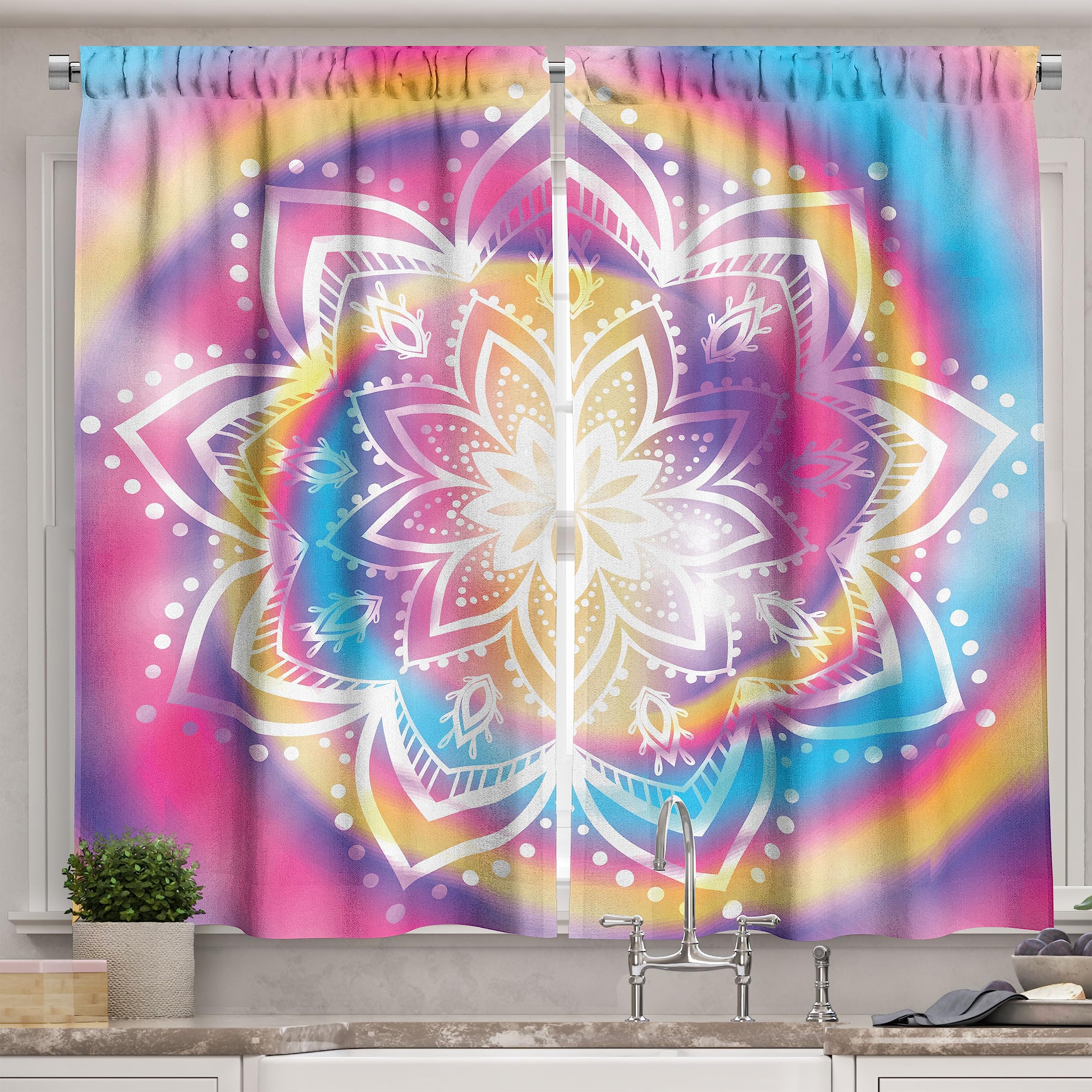 Ambesonne Rainbow Mandala Kitchen Curtains - Colorful Spiral Stripes & Blur Background Window Drapes, 2 Panel Set (55