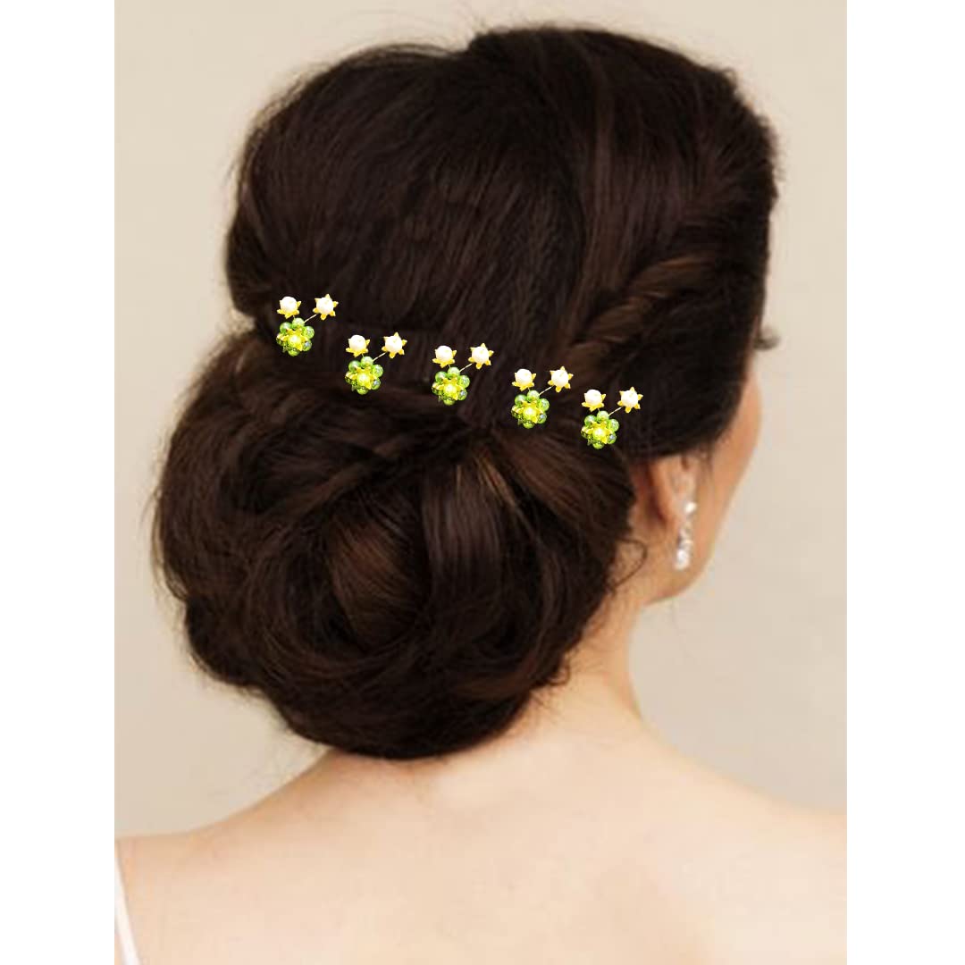 10PCS Light Green Artificial Star Stone Flower Hair Clips with Pearls - Elegant Hair Accessories for Women, Bridal, Party & Daily Wear