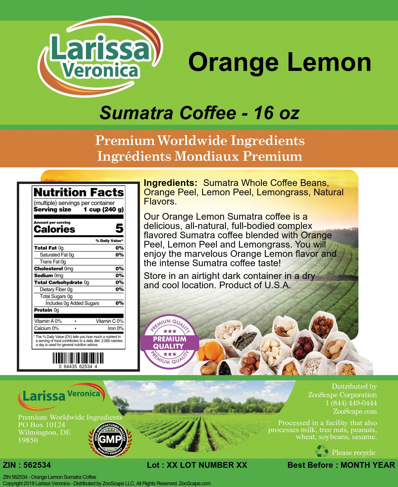 Premium Orange Lemon Sumatra Coffee Beans - Gourmet Naturally Flavored Whole Bean Coffee (16oz, 2-Pack) for Home Brewing, Office Use & Gift Giving