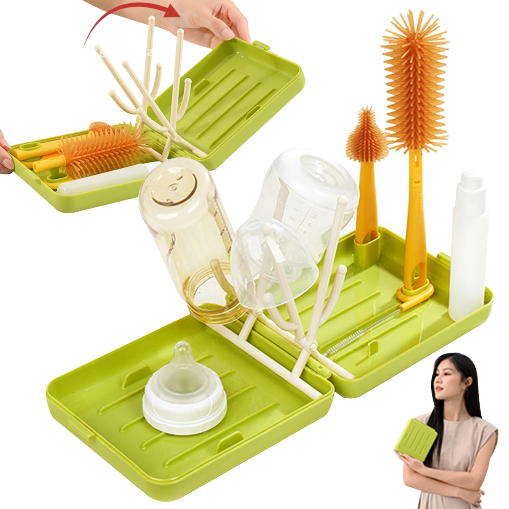 6-in-1 Portable Travel Bottle Cleaning Kit with Straw Brush, Bottle Brush, Nipple Brush, Drying Rack & Storage Box | Compact Foldable Design for Baby Bottles, Water Bottles & Travel Accessories | Perfect for Home, Office, Camping & On-the-Go Cleaning