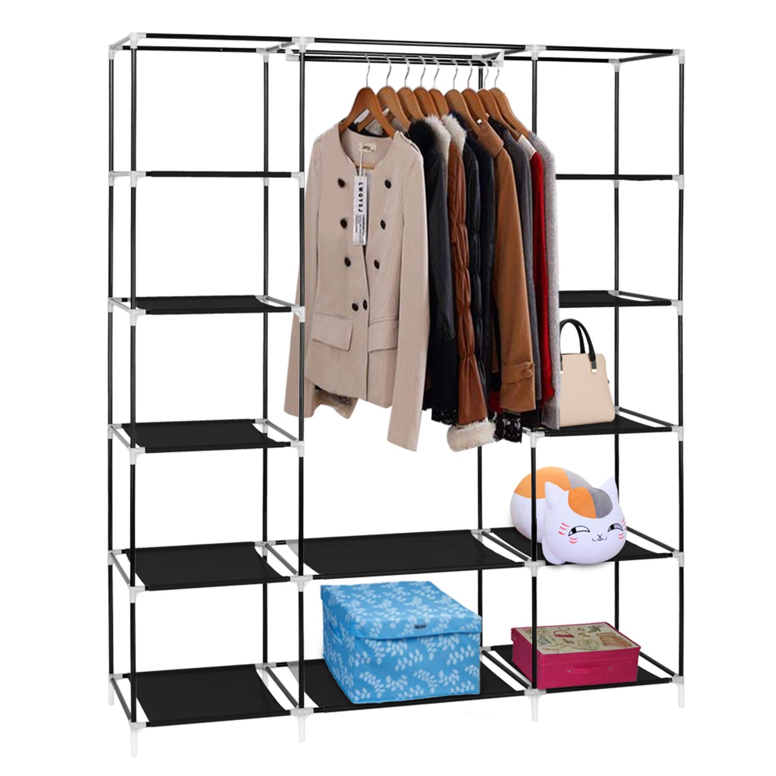 Portable Closet with Metal Shelves & Dustproof Cover - Large Wardrobe Organizer for Clothes Storage | Perfect for Small Spaces, Dorm Rooms & Seasonal Clothing Organization (Black)