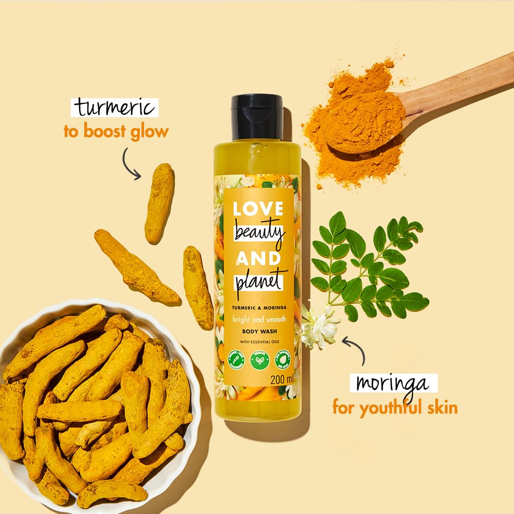 Love Beauty & Planet Turmeric & Moringa Brightening Body Wash - Natural Shower Gel for Glowing Skin, 200ml | Hydrating & Illuminating Skin Care for Daily Use, Perfect for Morning & Night Routine