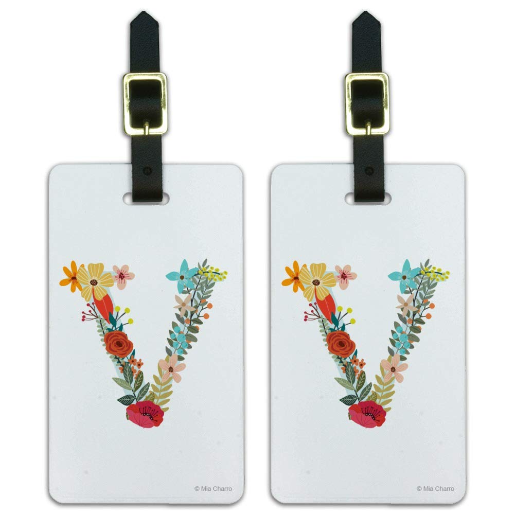 Floral Monogram Letter V Luggage Tags - Personalized Initial ID Tags for Carry-On Bags (Set of 2) - Perfect for Travel, Suitcases & Backpack Identification