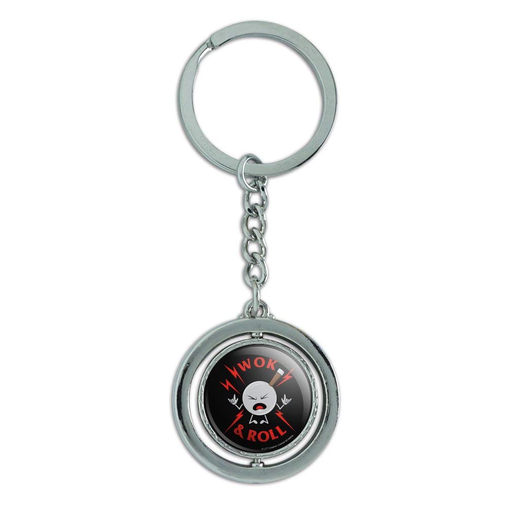 GRAPHICS & MORE Wok and Roll Rock Funny Humor Spinning Keychain - Chrome Plated Metal Novelty Gift for Chefs, Music Lovers & Joke Enthusiasts - Perfect for Kitchen, Parties & Everyday Carry