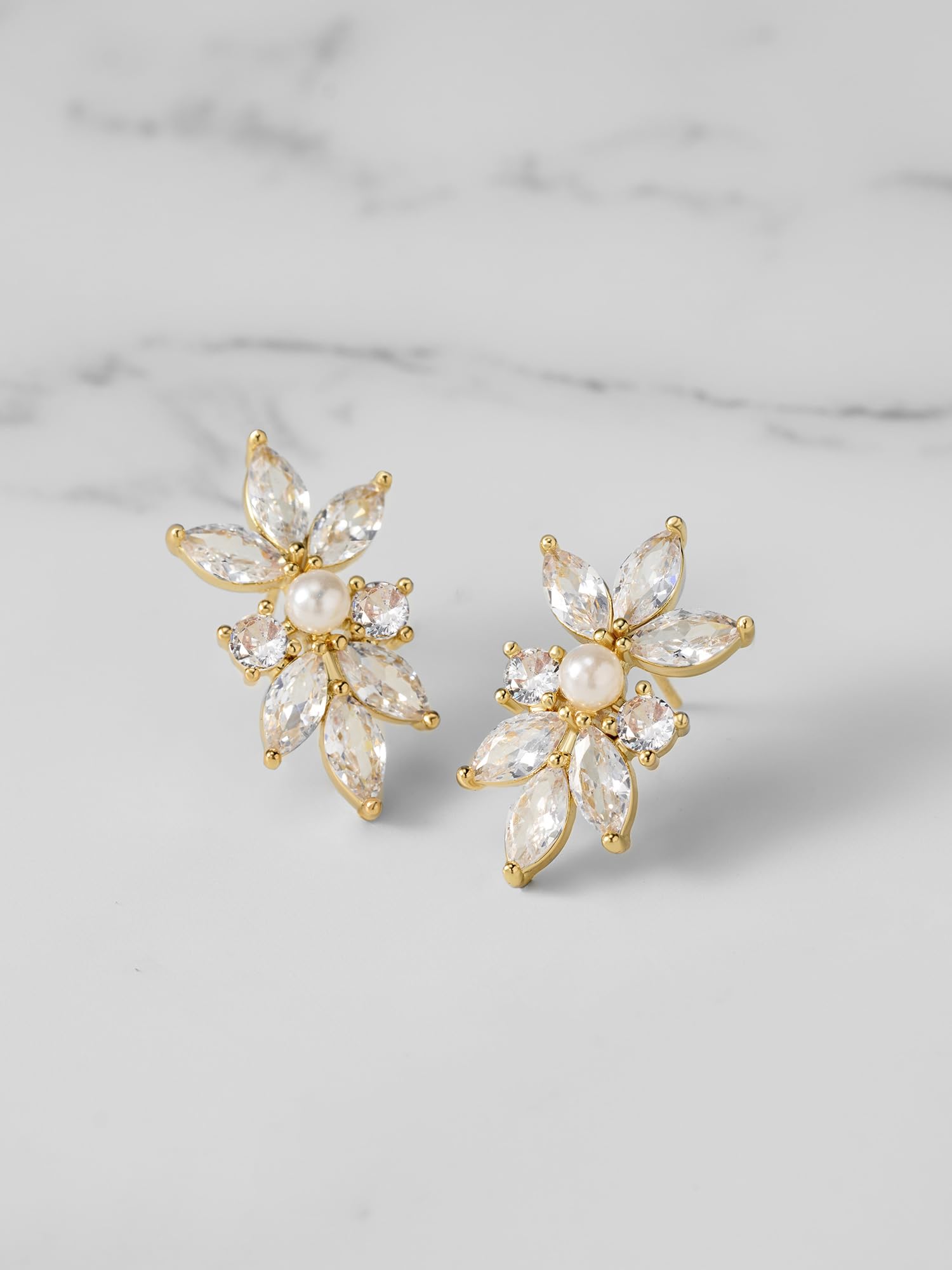 SWEETV Marquise Cut Cubic Zirconia Stud Earrings for Wedding, Brides & Bridesmaids | Crystal Pearl Rhinestone Jewelry for Women, Prom Party & Special Occasions | Perfect Gift for Anniversary, Engagement & Formal Events