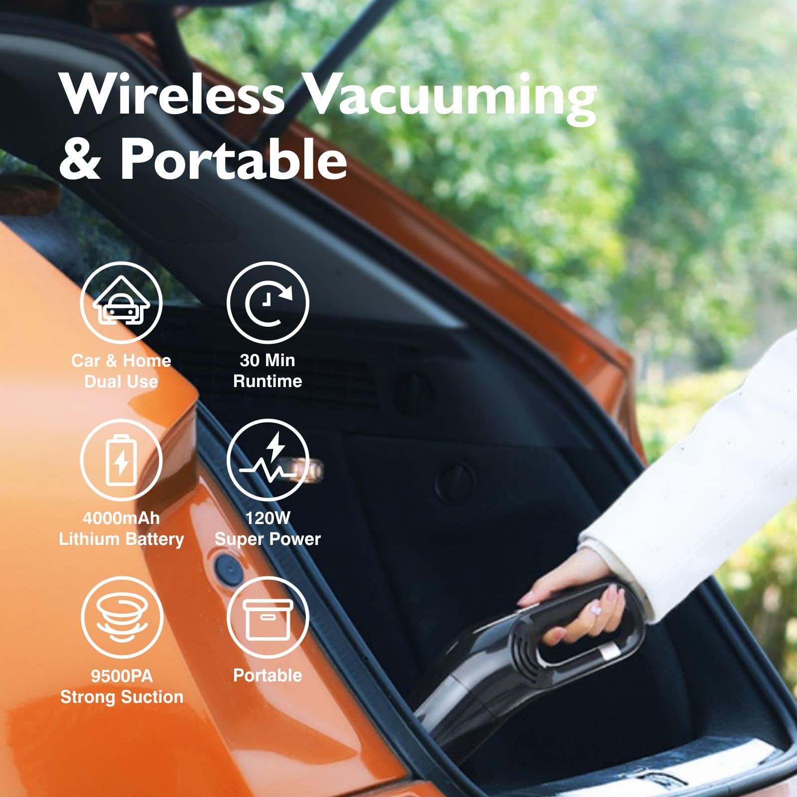 MOCA 9500PA High Power Cordless Car Vacuum Cleaner - Portable USB Rechargeable Handheld Vacuum for Wet & Dry Cleaning - Compact Design for Home, Car, Narrow Spaces (Black) | Perfect for Pet Hair, Crumbs, and Quick Spill Cleanup