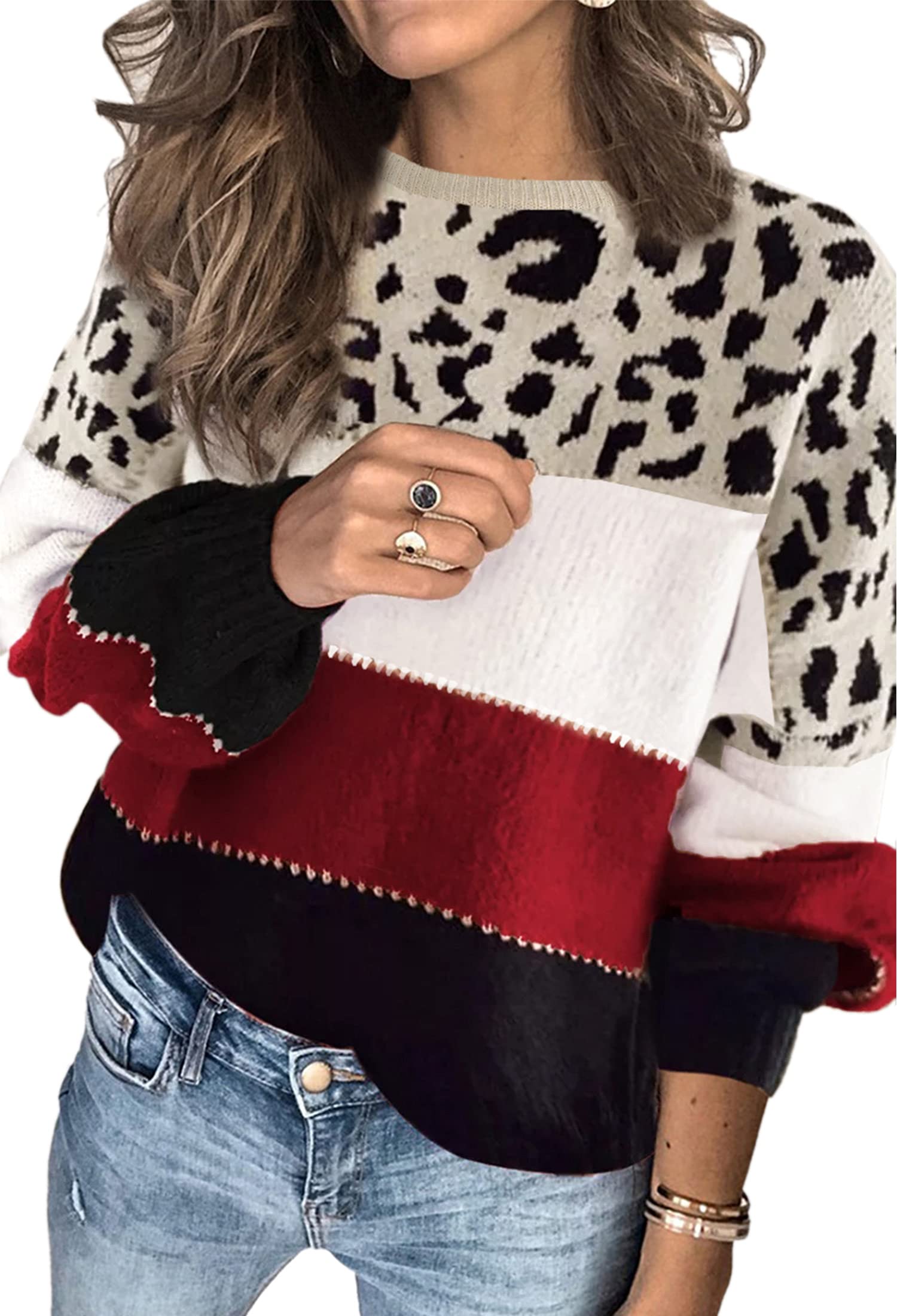 Angashion Women's Casual Long Sleeve Crewneck Color Block Patchwork Pullover Knit Sweater - Cozy Winter Tops for Work, Dating & Everyday Wear