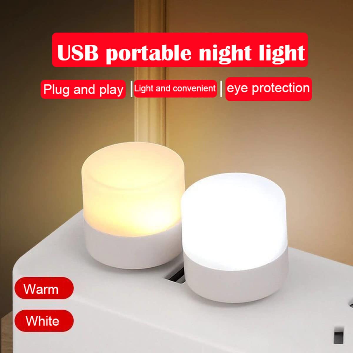 10 Pack USB LED Night Lights - Warm White for Bedroom, Bathroom & Nursery