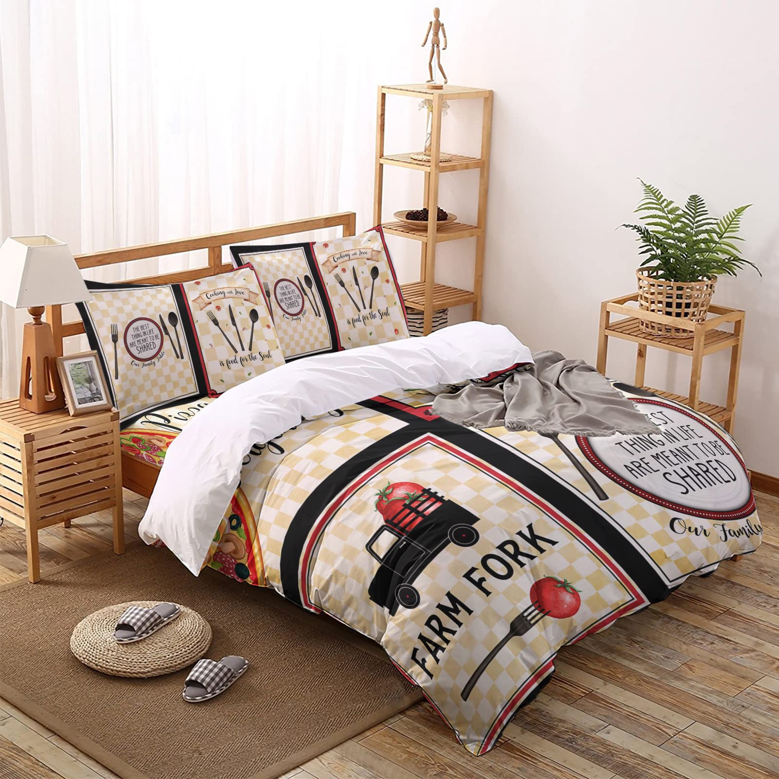 Queen Size Comforter Cover Set - 4 Piece Lightweight Microfiber Duvet Cover with Pillowcases - Soft Bedding Set for Adults & Teens - Vintage Yellow Checkered Pattern - Perfect for Master Bedroom, Guest Room & Dorm Decor