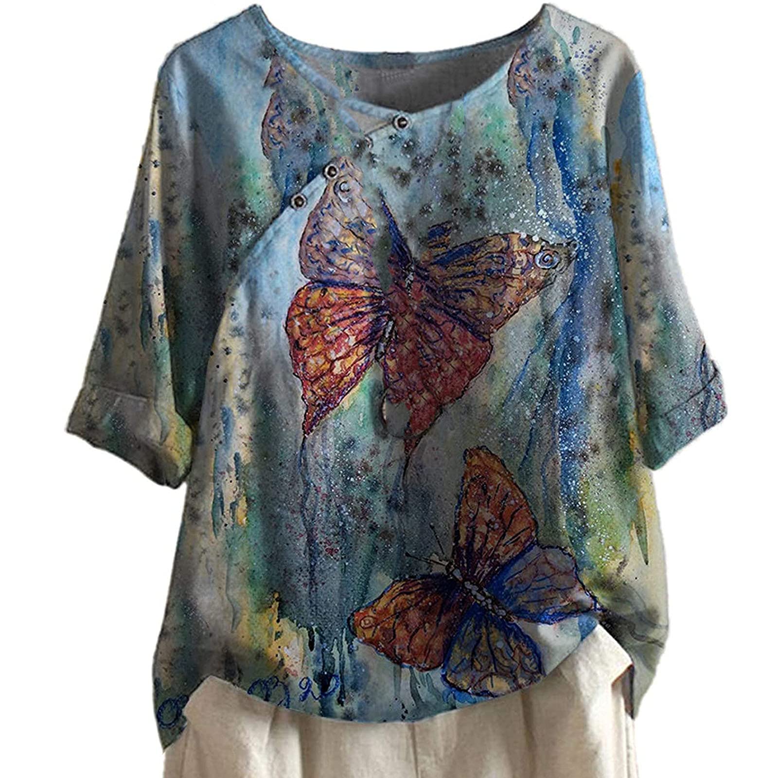 Posijego Women's Linen Oversized Short Sleeve Crewneck Graphic T-Shirt - Casual Summer Fall Blouse for Women | Perfect for Beach Outings, Weekend Errands & Layering