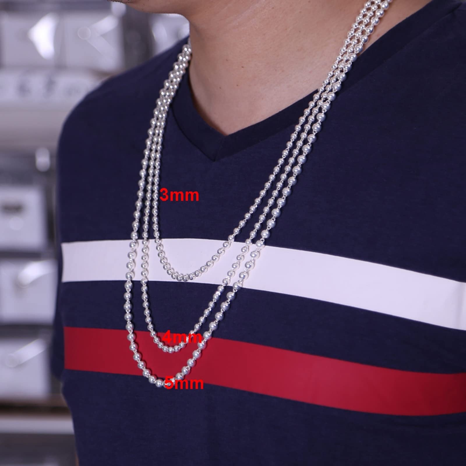 Beydodo Sterling Silver Bead Chain Necklace for Men - 18-32 Inch Adjustable Length, 3-5mm Width Punk Choker Style | Perfect for Casual Wear, Layering & Gothic Fashion Accessories