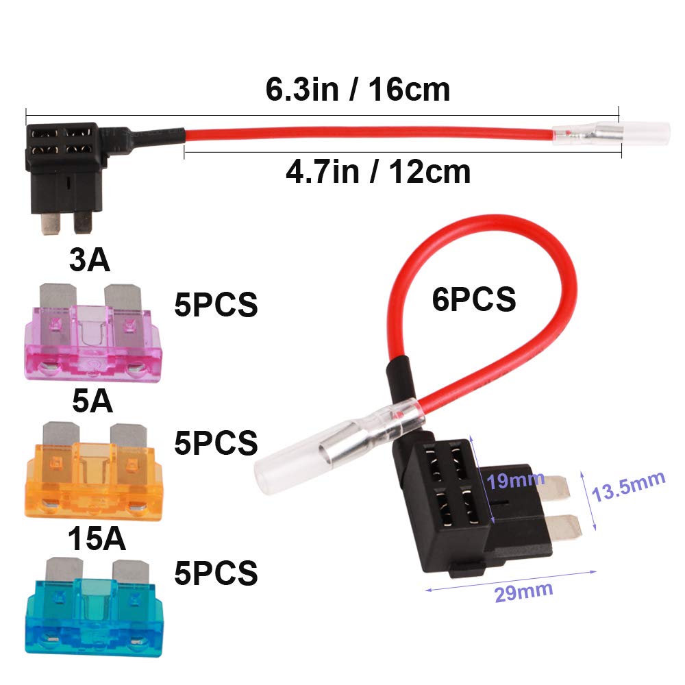 GTIWUNG 32V Standard Fuse Holder - Car Add-A-Circuit Fuse Tap with Wire Harness, Piggy Back Blade Fuse Connector, ACU Medium Fuse Tap with 3A/5A/15A Fuses & Fuse Puller (6-Pack) - Perfect for Automotive Electrical Upgrades, DIY Car Modifications & Vehicle Accessory Installations