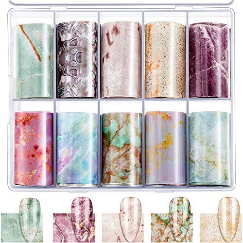 10 Rolls Marble Nail Foil Transfer Stickers - DIY Nail Art Decoration for Women & Girls - 10 Stylish Marble Print Nail Wraps - Perfect for Home Manicures, Salon Nail Designs, and Party Nail Art (Novel Marble Style)
