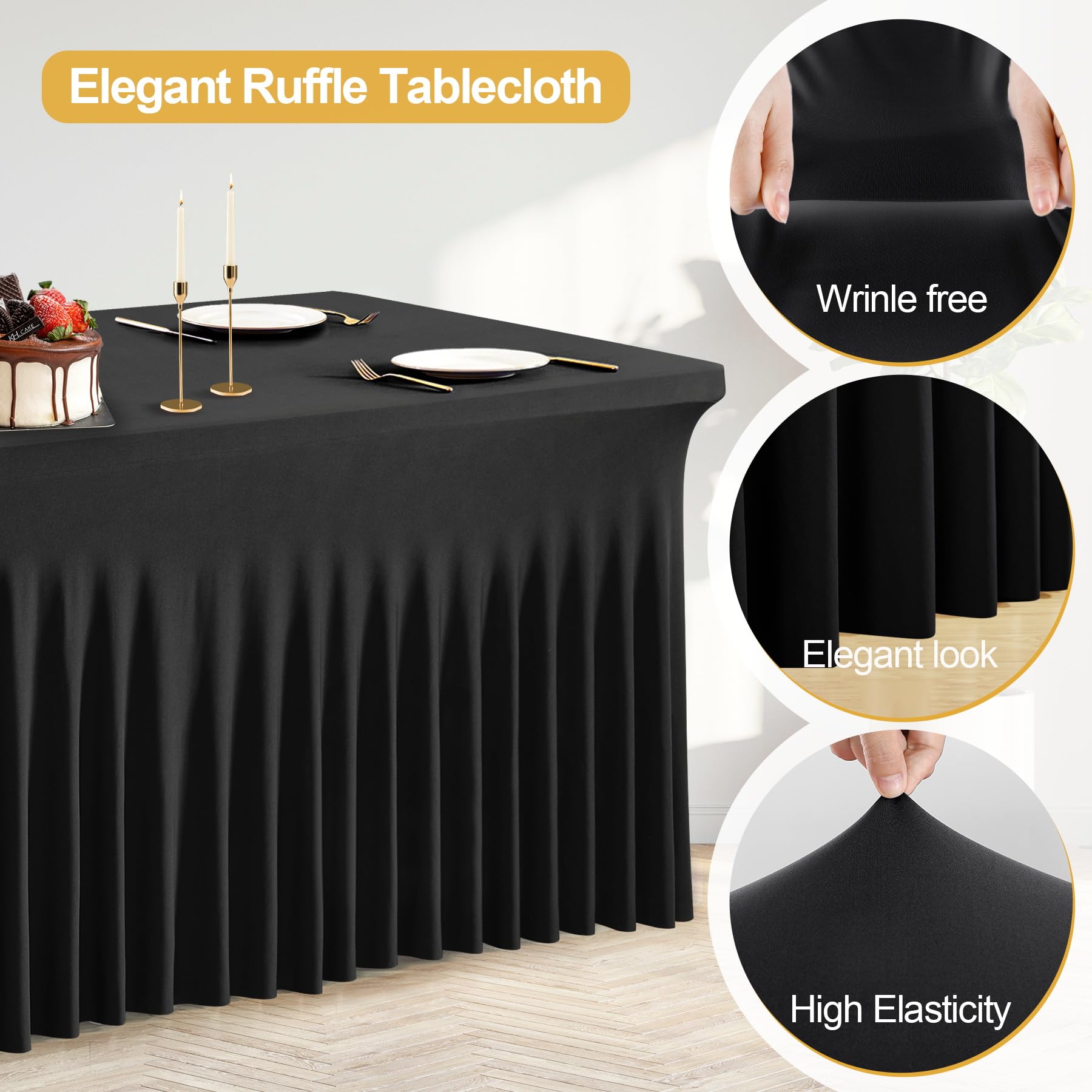 PARTISKY 8ft Black Spandex Table Skirt - Stretchable Table Cover for 8 Foot Rectangle Folding Tables | Perfect for Weddings, Banquets & Event Decor