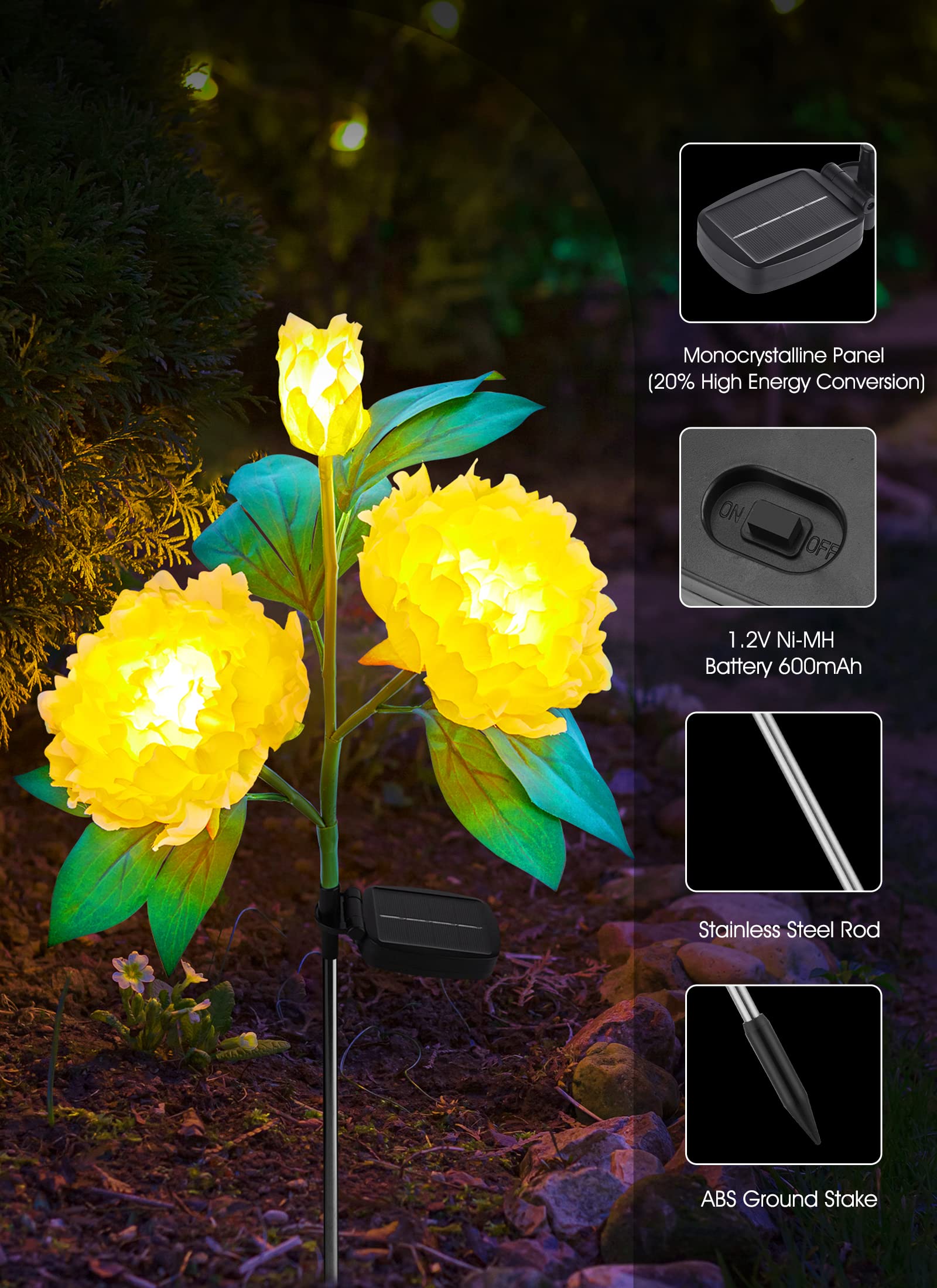 Outdoor Solar Flower Lights - 3 Pack Waterproof LED Solar Garden Lights with Large Realistic Peony Design, Big Solar Panel for Yard, Lawn, Pathway Decoration | Perfect for Patio, Backyard, Wedding & Landscape Lighting