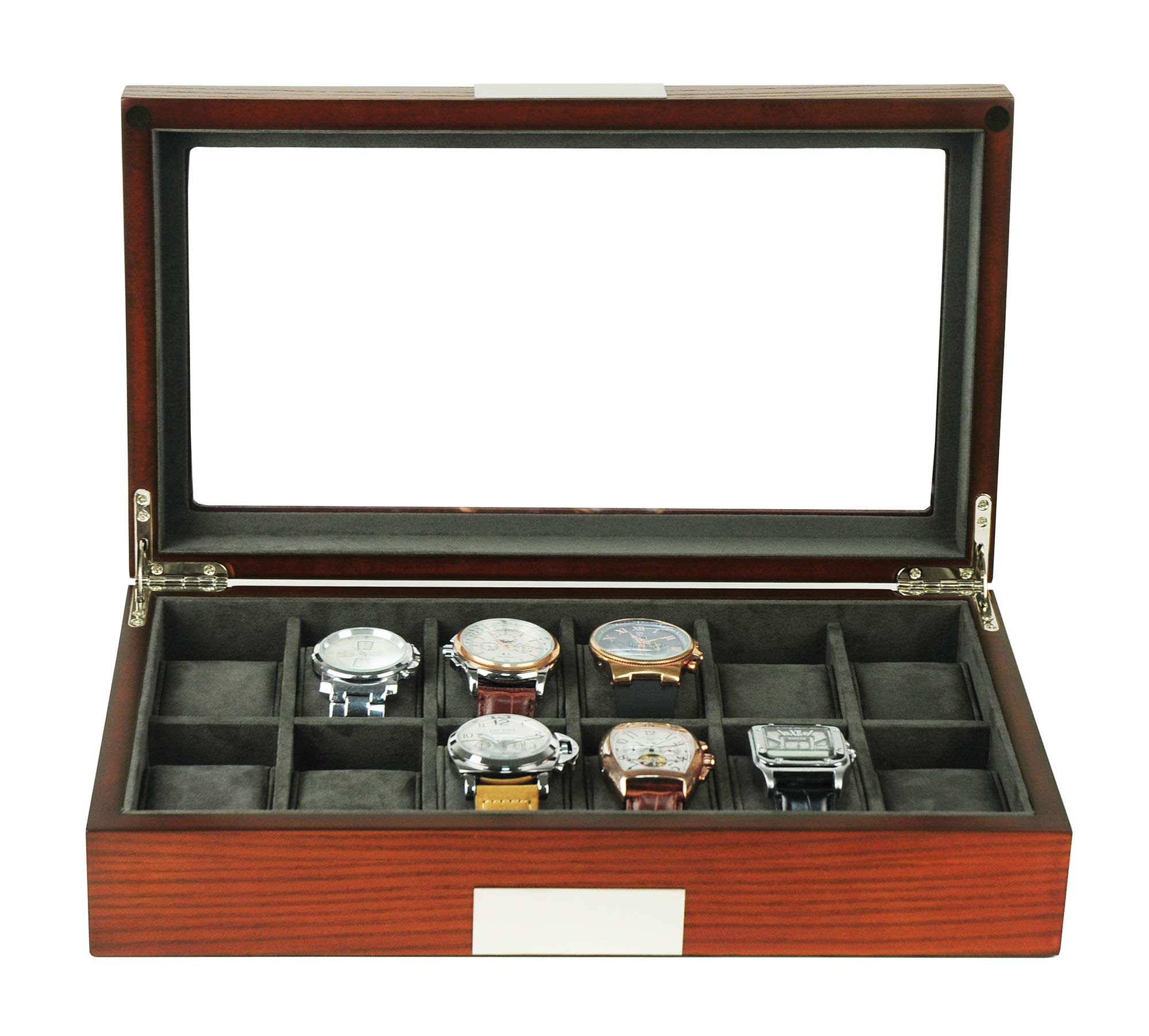 Personalized 12-Slot Cherry Wood Watch Box with Glass Top - Luxury Watch Display Case & Jewelry Organizer with Stainless Steel Accents & Oversized Deluxe Pillows - Perfect for Watch Collectors, Gift Giving & Home Décor