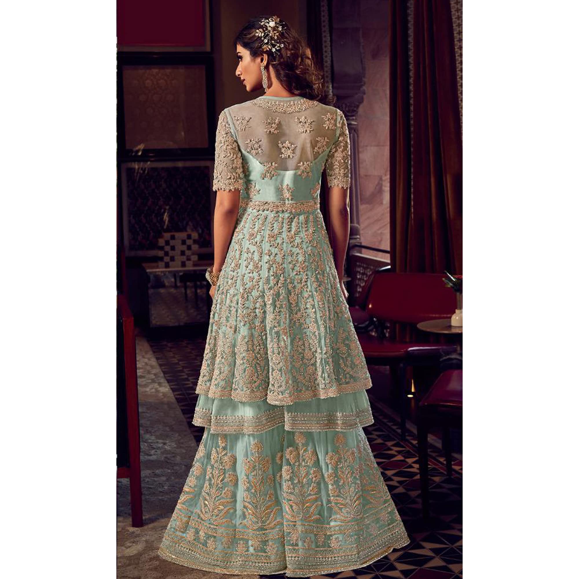 Exquisite Embroidered Anarkali Sharara Palazzo Suit - Ready to Wear Wedding & Party Outfit for Women | Perfect for Bridal Shower, Mehendi Ceremony & Festive Occasions