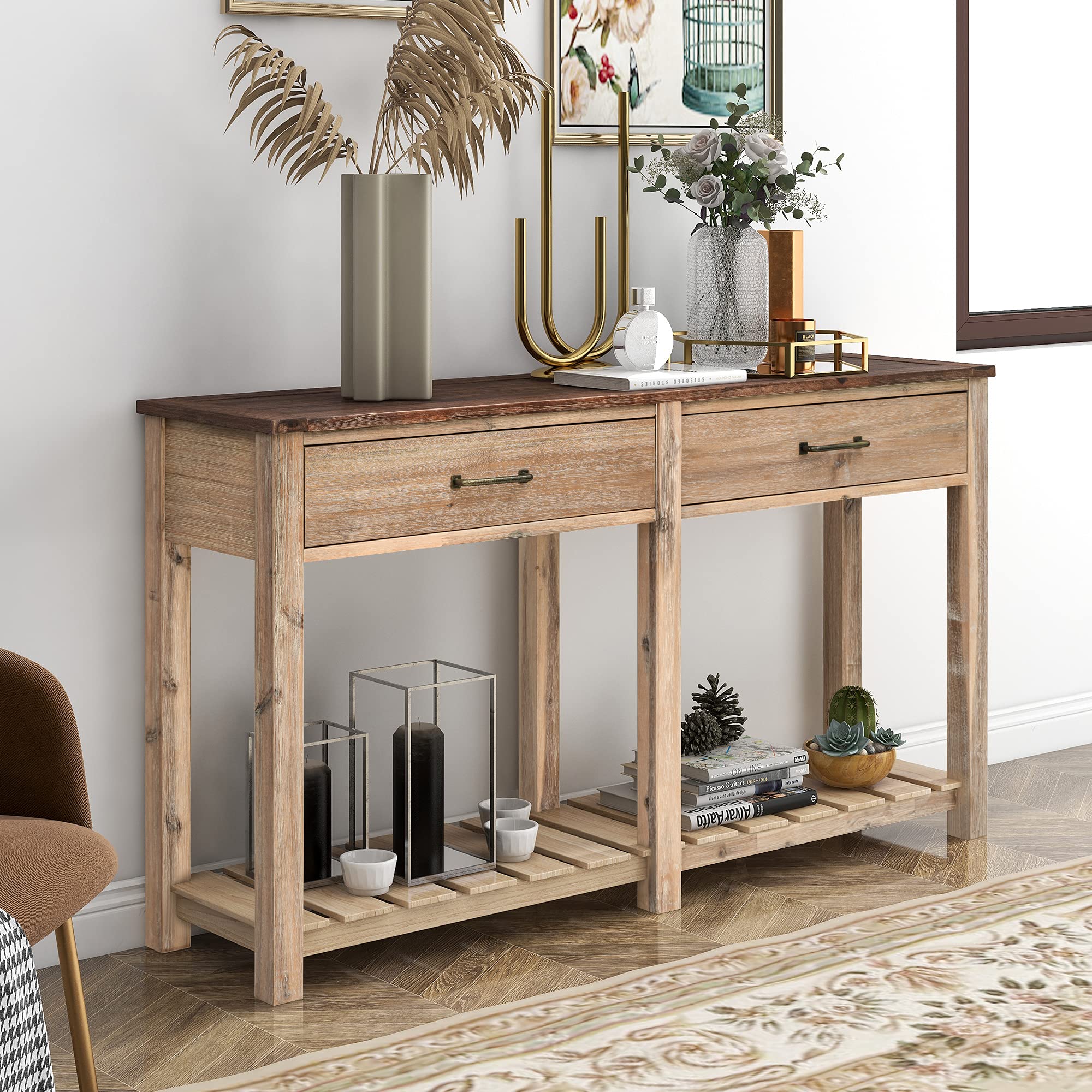 Solid Oak Console Table with 2 Drawers & Slatted Shelf - Classic Wooden Sofa Table for Entryway, Living Room, Hallway - Perfect for Home Decor, Storage & Displaying Decor Items