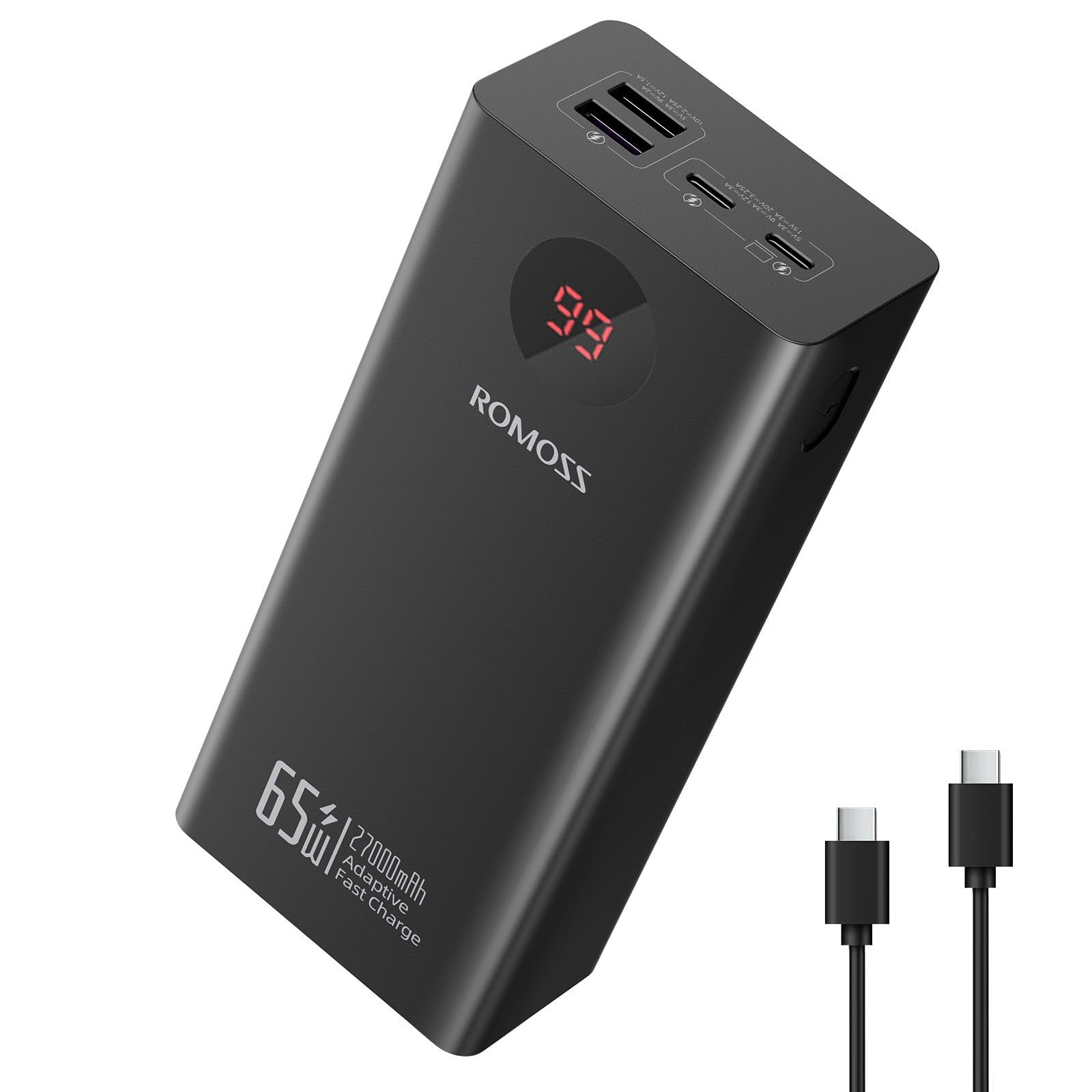 ROMOSS 27,000mAh 65W USB-C Fast Charging Power Bank - Portable Laptop Charger for MacBook Pro, Dell XPS, Steam Deck | External Battery Pack for iPhone 15/14, iPad, Samsung Galaxy | Perfect for Travel, Work, and Outdoor Adventures