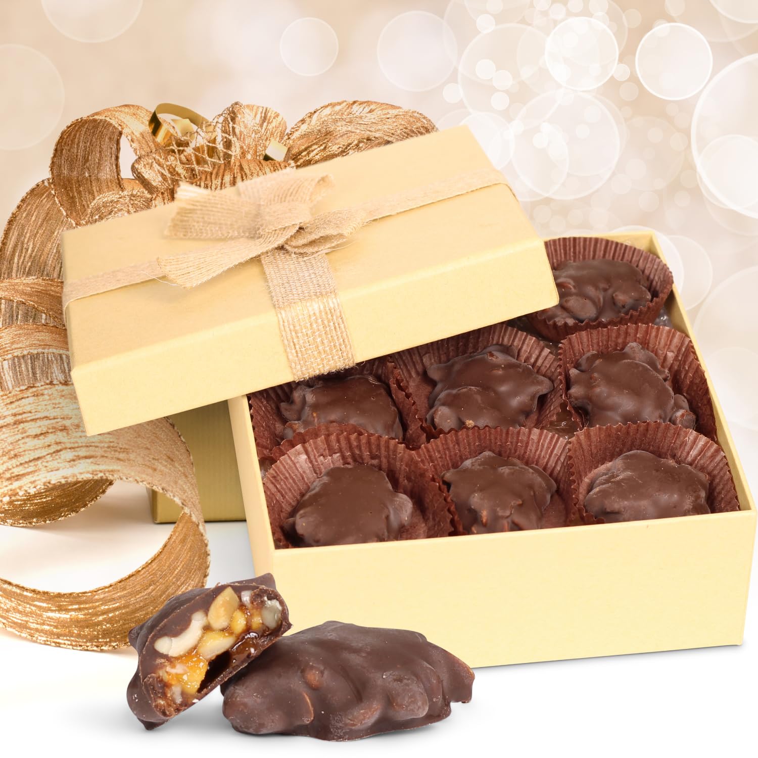 Premium Dark Chocolate Caramel Macadamia Nut Clusters Gift Box - 12oz Vegan & Kosher Gourmet Candy | Holiday Christmas Gifts, Party Favors, Corporate Gifts & Sweet Treats for Chocolate Lovers