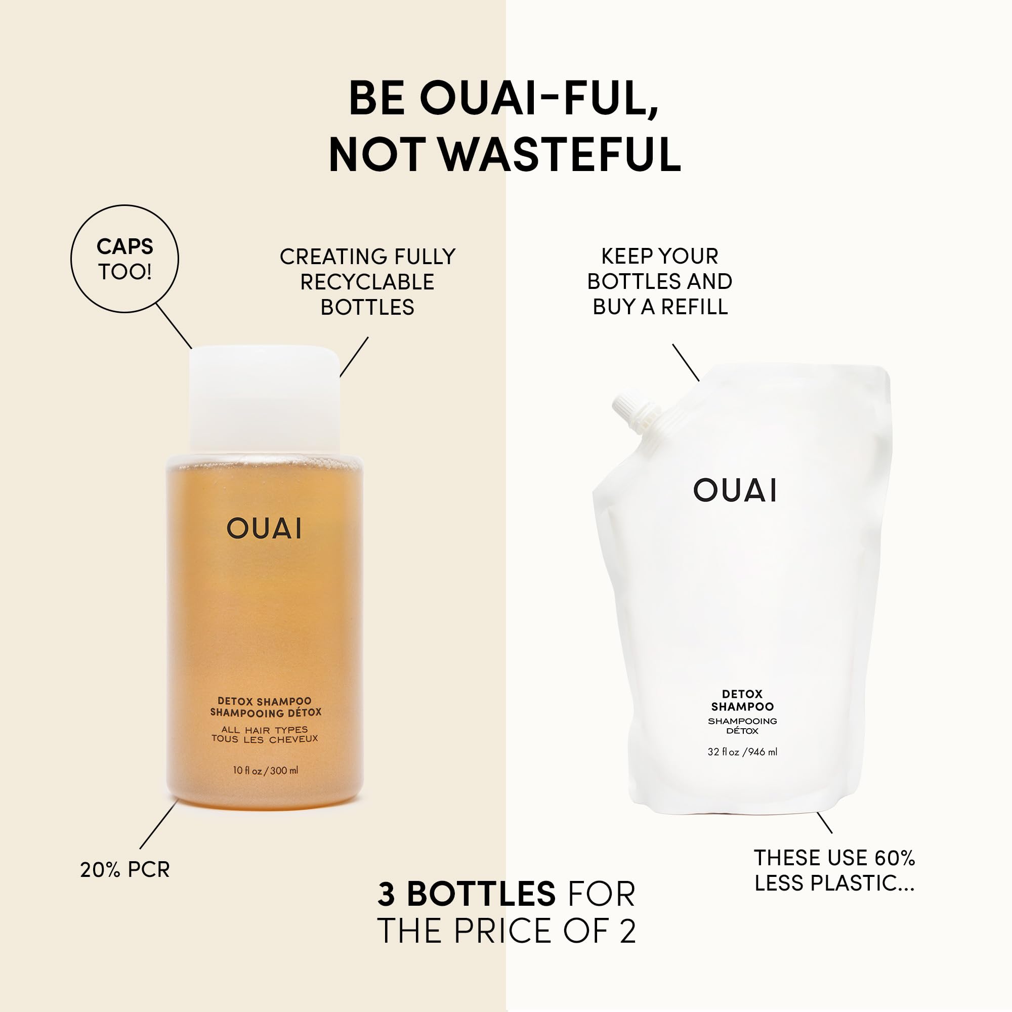 OUAI Detox & Clarifying Shampoo with Apple Cider Vinegar & Keratin - Sulfate Free Hair Care for Build Up, Oil, Product & Hard Water - 10oz + 32oz Refill Bundle (2 Count) - Perfect for Deep Cleansing & Refreshing Hair at Home or Salon