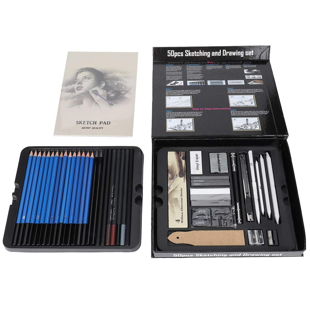 50-Piece Professional Artist Sketching Drawing Set - Graphite Pencils, Willow Charcoal Sticks & Complete Painting Supplies for Sketching, Shading & Art Projects | Perfect for Beginners & Professionals