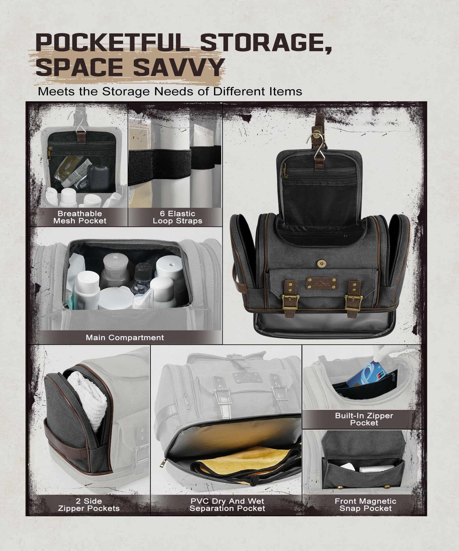 Premium Canvas Hanging Toiletry Bag for Men - 7 Compartment Travel Organizer with Large Capacity | Waterproof Gym, Camping & Business Trip Essentials Storage | Black Travel Toiletry Kit for Shaving, Cosmetics & Personal Care Items