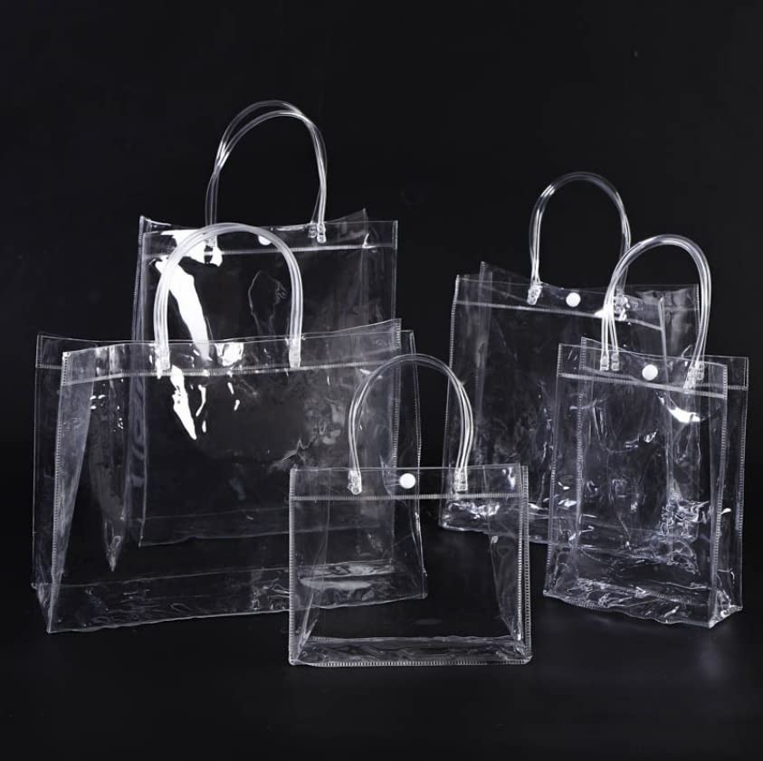 Rikyo 20-Piece Clear Plastic Gift Bags with Handles & Button - Reusable Transparent PVC Tote Bags for Wedding Favors, Baby Showers, Bridal Parties, Shopping & Gift Wrapping (6x5x2.75 Inches) - Perfect for Party Favors, Holiday Gifts & Retail Packaging