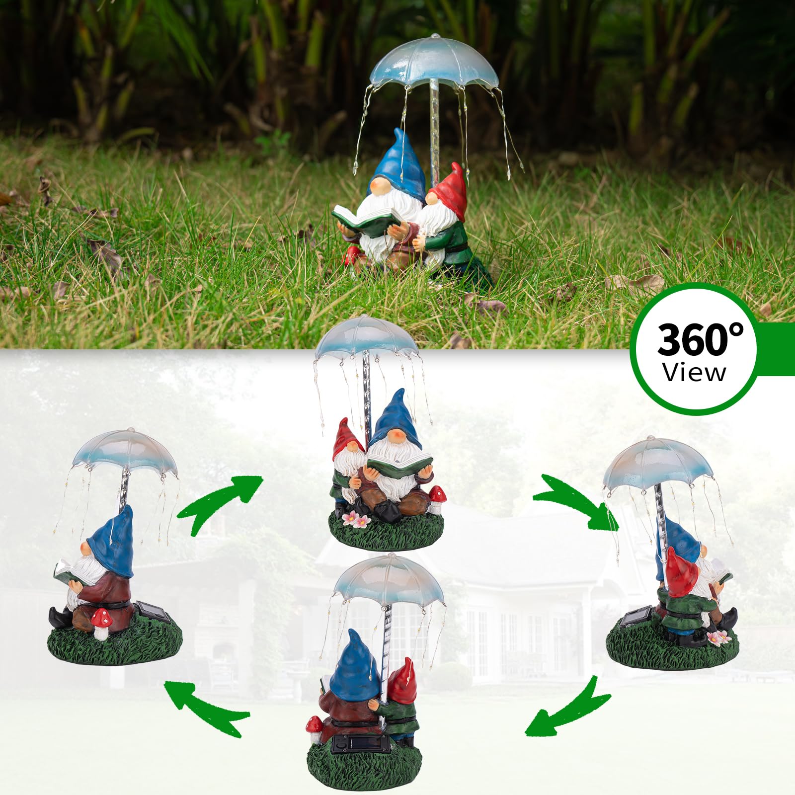 Solar Powered Garden Gnomes Statues - Outdoor Decor Resin Figurines with Umbrella Fireworks Lights - Perfect for Lawn, Patio, Backyard & Garden Decoration