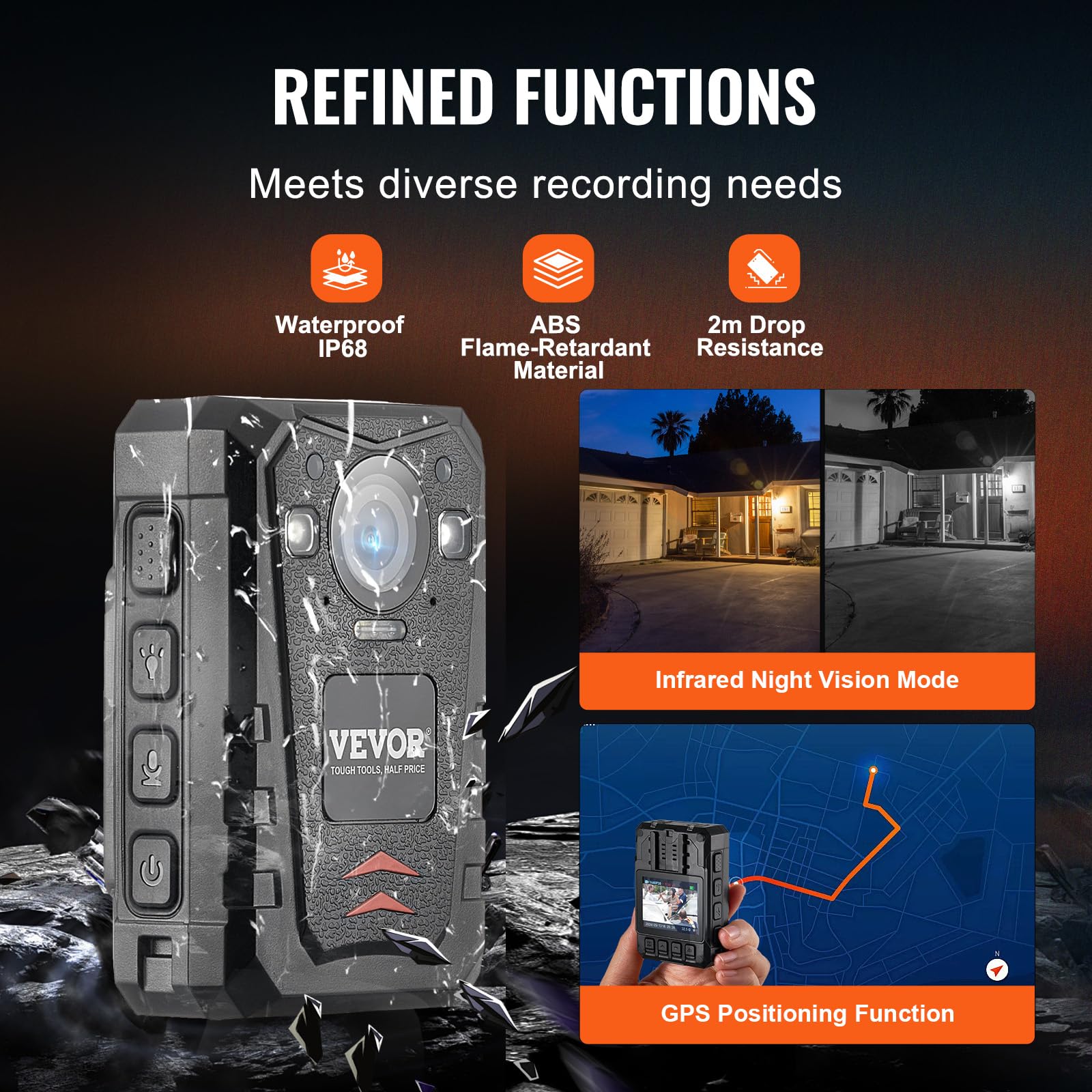 VEVOR 1440P HD Police Body Camera with Audio Video Recording, 64GB Storage, 3500mAh Battery, 2