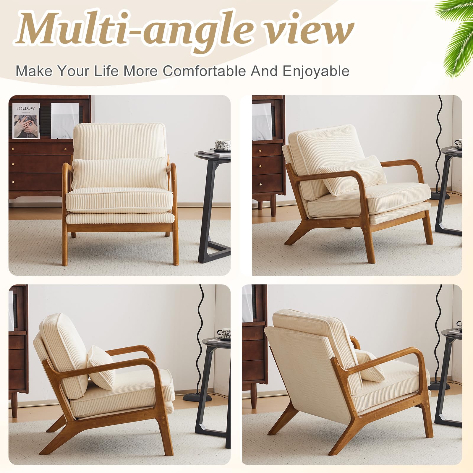Premium Corduroy Accent Chairs Set of 2 - Mid Century Modern Upholstered Armchairs with Solid Wood Frame & Lumbar Pillow - Comfy Reading Chairs for Living Room, Bedroom, Office - Beige Home Decor