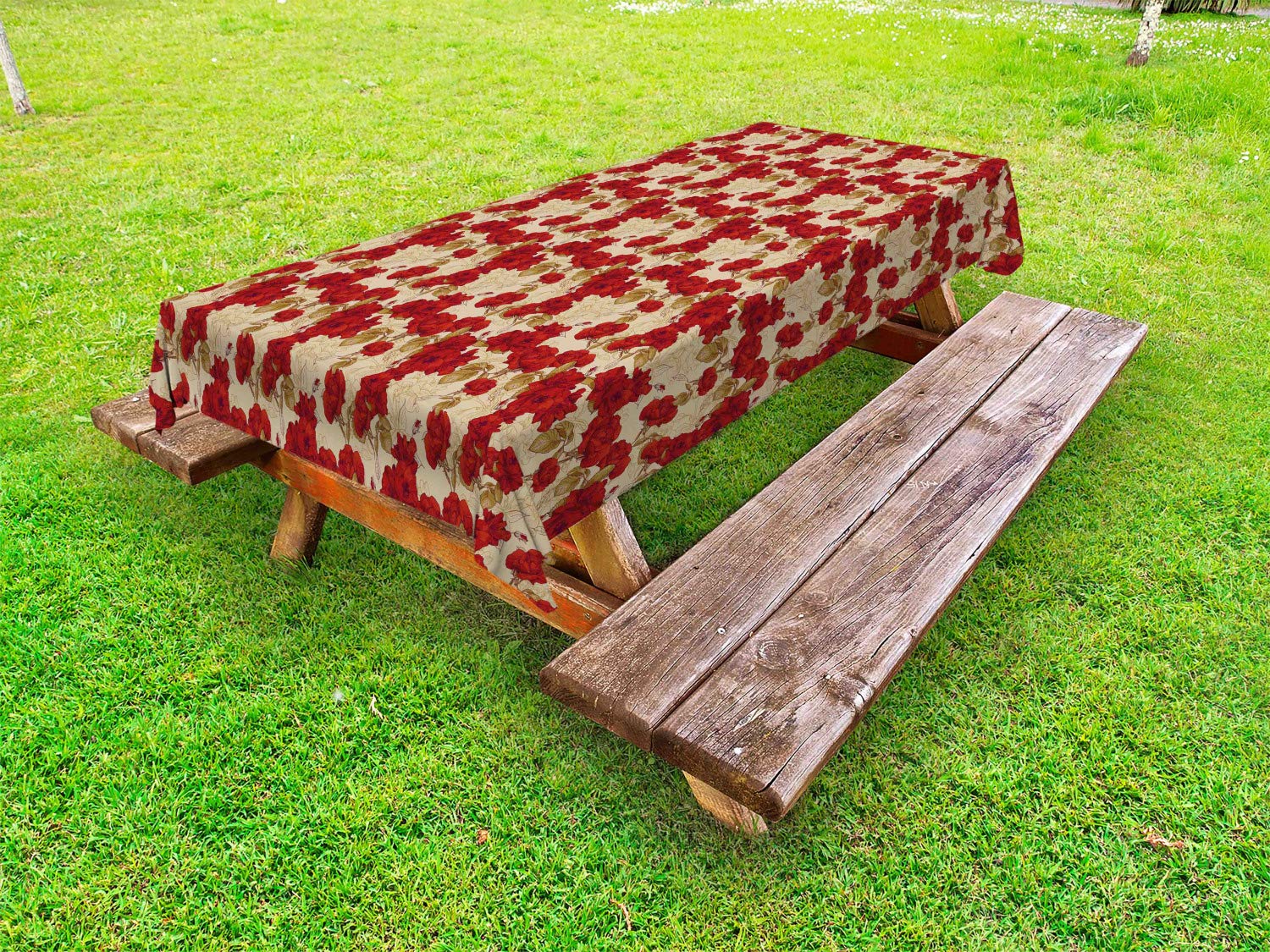 Ambesonne Vintage Outdoor Tablecloth - Romantic Red Rose Blooms with Sketches, Classic Valentine's Day Inspired Washable Picnic Table Cover, 58x84 Inches, Red Khaki Sand Brown - Perfect for Garden Parties, Picnics & Romantic Dinners