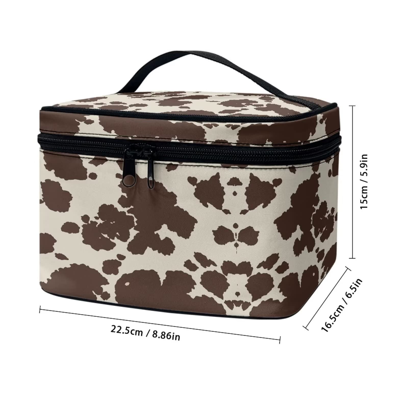 Stylish Brown Cowhide Travel Makeup Bag for Women - Portable Cosmetic Organizer with Carry Handle - Perfect for Toiletries Storage, Weekend Getaways & Airplane Essentials