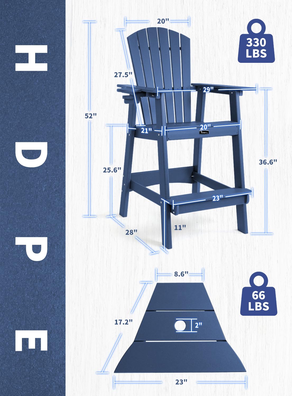 FUNBERRY 2-Piece Tall Adirondack Chair Set with Removable Connecting Table - All-Weather High Top Patio Chairs with Cup Holders - Perfect for Outdoor Relaxation on Balcony, Deck, or Garden