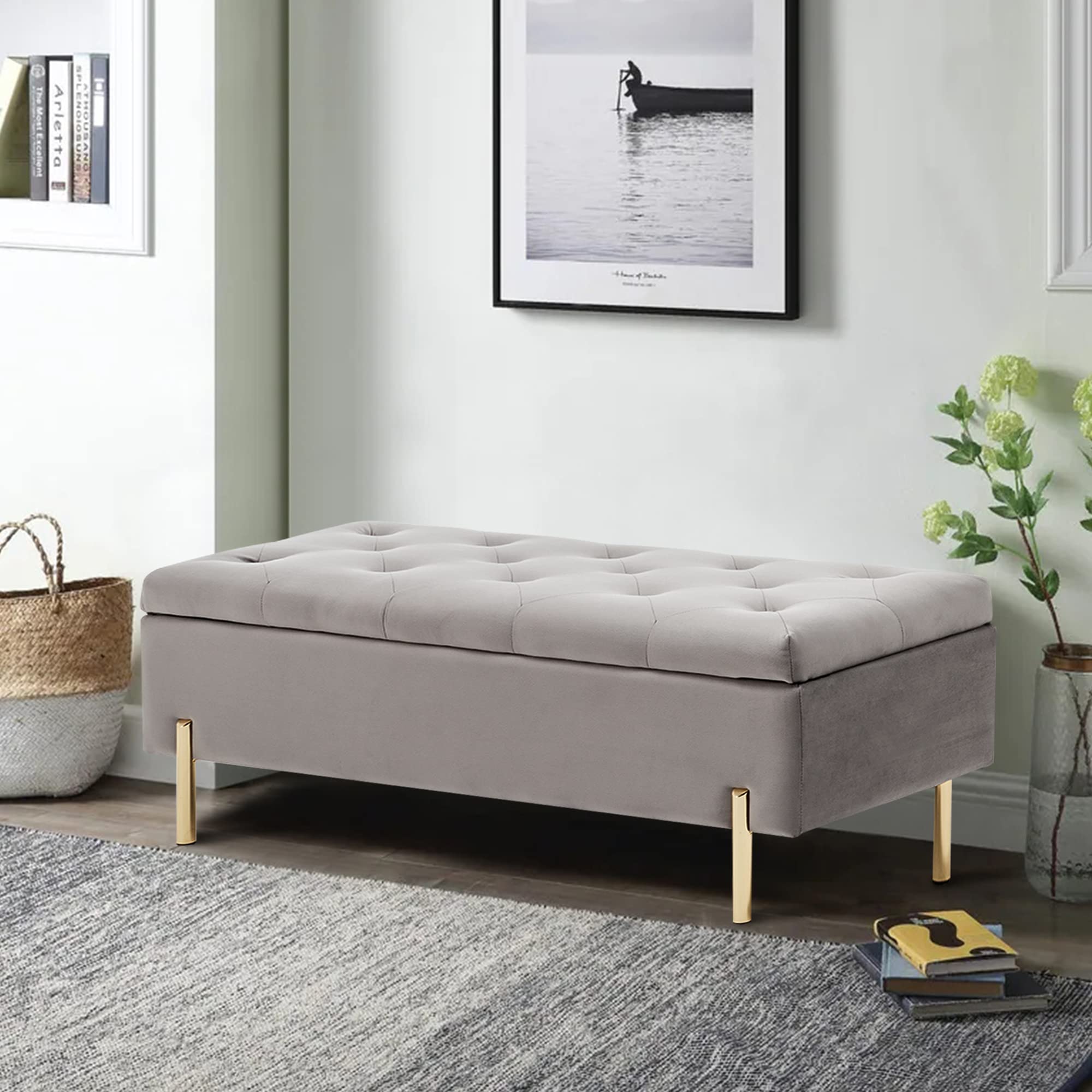 Velvet Upholstered Tufted Storage Bench with Gold Legs - Gray Rectangular Ottoman for Bedroom, Living Room & Entryway - Perfect for Extra Seating, Shoe Storage & Home Decor