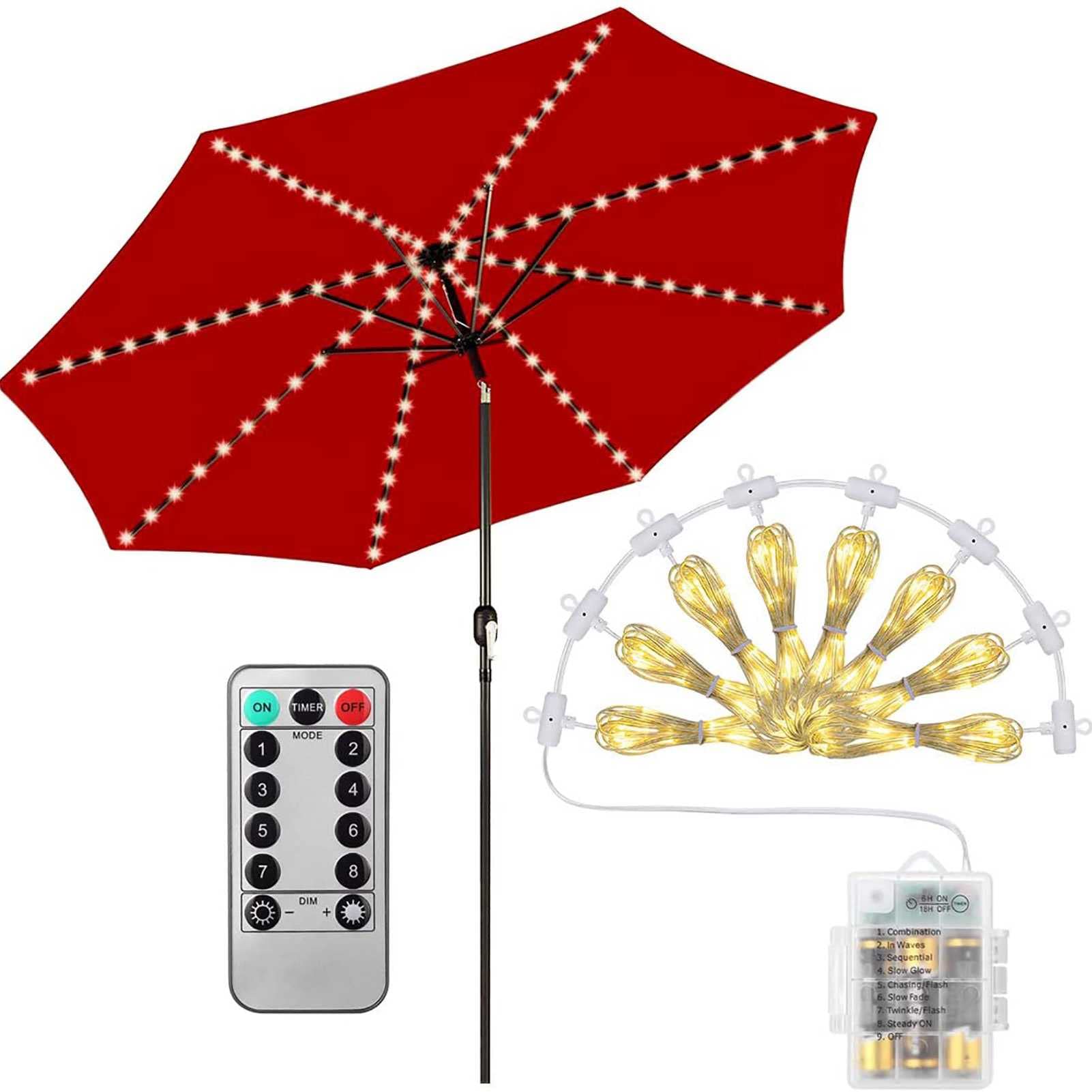 TTdamai 104 LED Patio Umbrella Lights with Remote - 8 Lighting Modes, Battery Operated, Waterproof Outdoor String Lights for Patio Umbrellas, Camping Tents & Backyard Decor (Warm White) | Perfect for Evening Gatherings, Garden Parties & Outdoor Relaxation