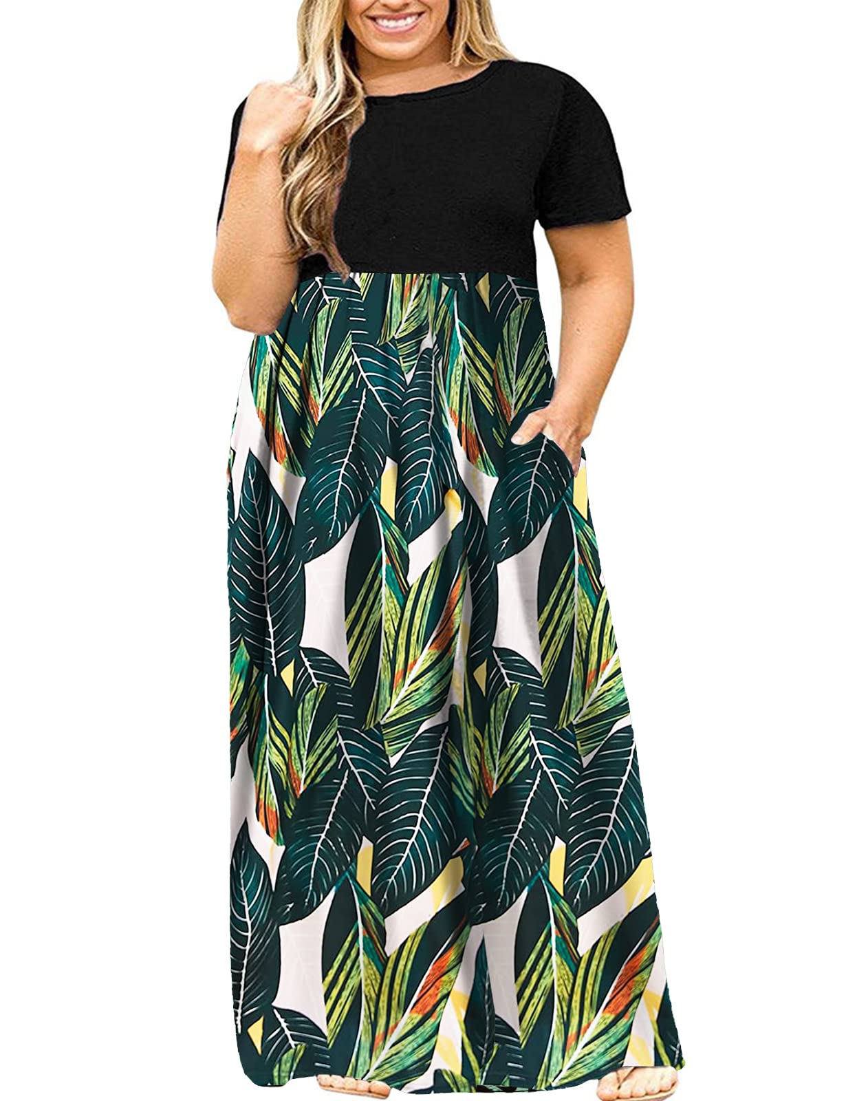 Kancystore Women's Plus Size Short Sleeve Maxi Dress with Pockets - Loose Casual Summer Beach Dress for Vacation, Travel & Outdoor Activities