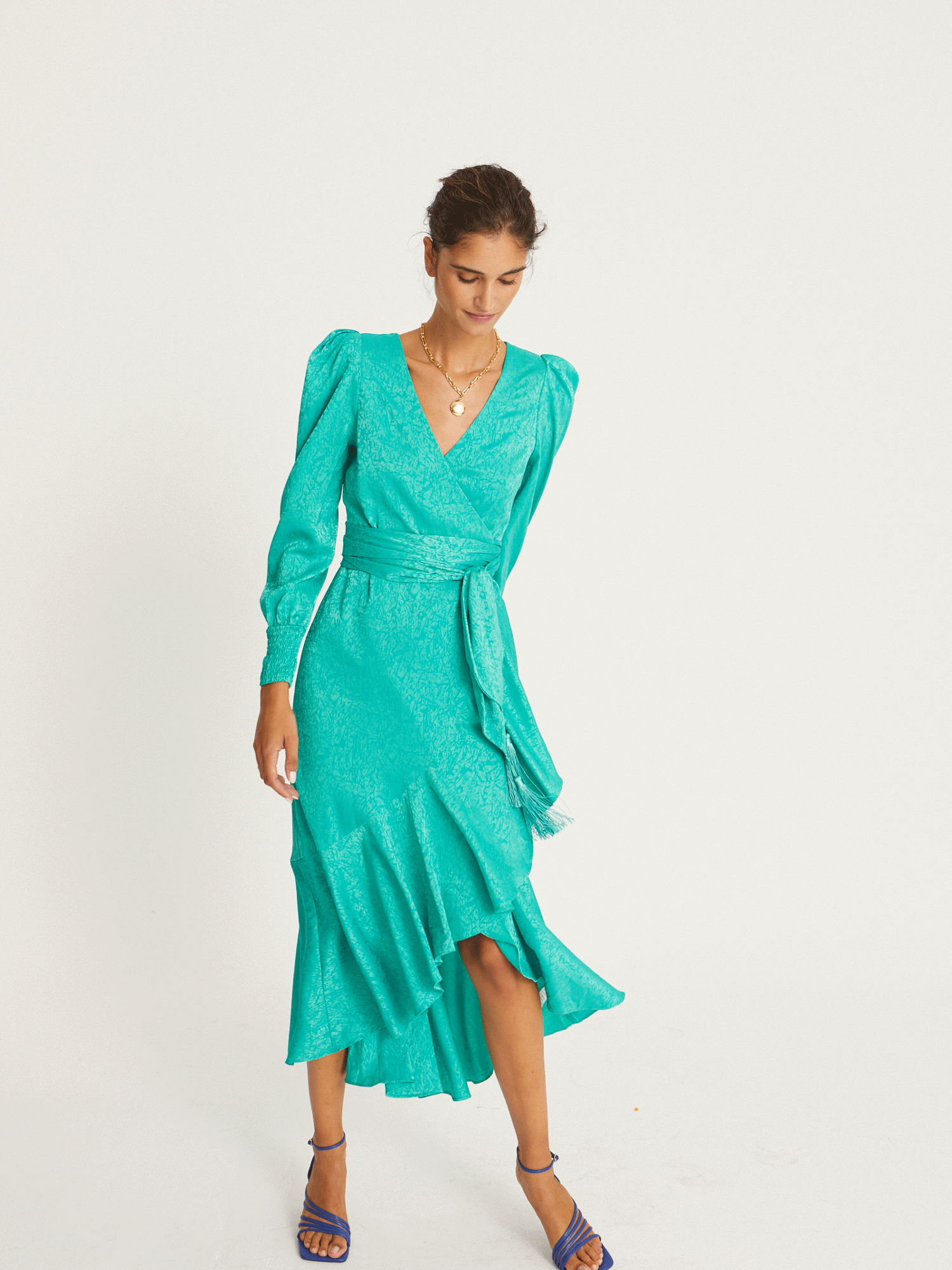 Grace Women's Green Jacquard Long Sleeve Wrap Dress - Elegant Formal & Office Wear for Business Occasions