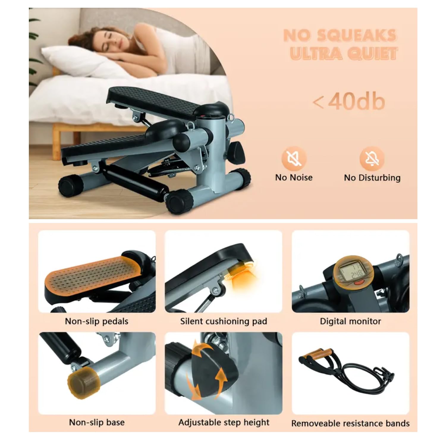 Best Hydraulic Fitness Stepper with Resistance Bands for Home Workouts - Full Body Exercise Equipment with LCD Monitor (220LBS Capacity) - Perfect for Cardio, Leg Toning & Small Space Fitness