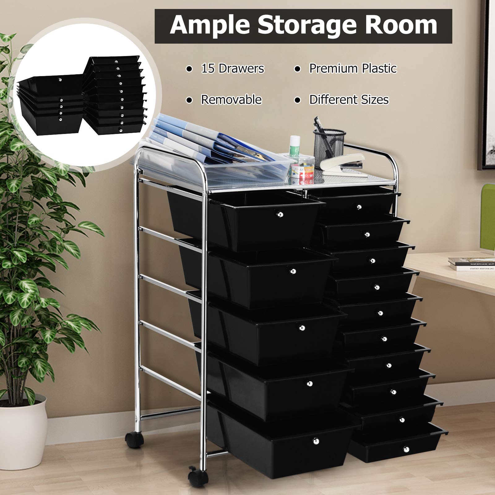 Byroce 15-Drawer Rolling Storage Cart - Mobile Organizer for Art Supplies, School Tools & Office Paper - Multipurpose Wheeled Craft Cart for Classroom, Home & Office (Black) | Perfect for Teachers, Artists & Home Organization