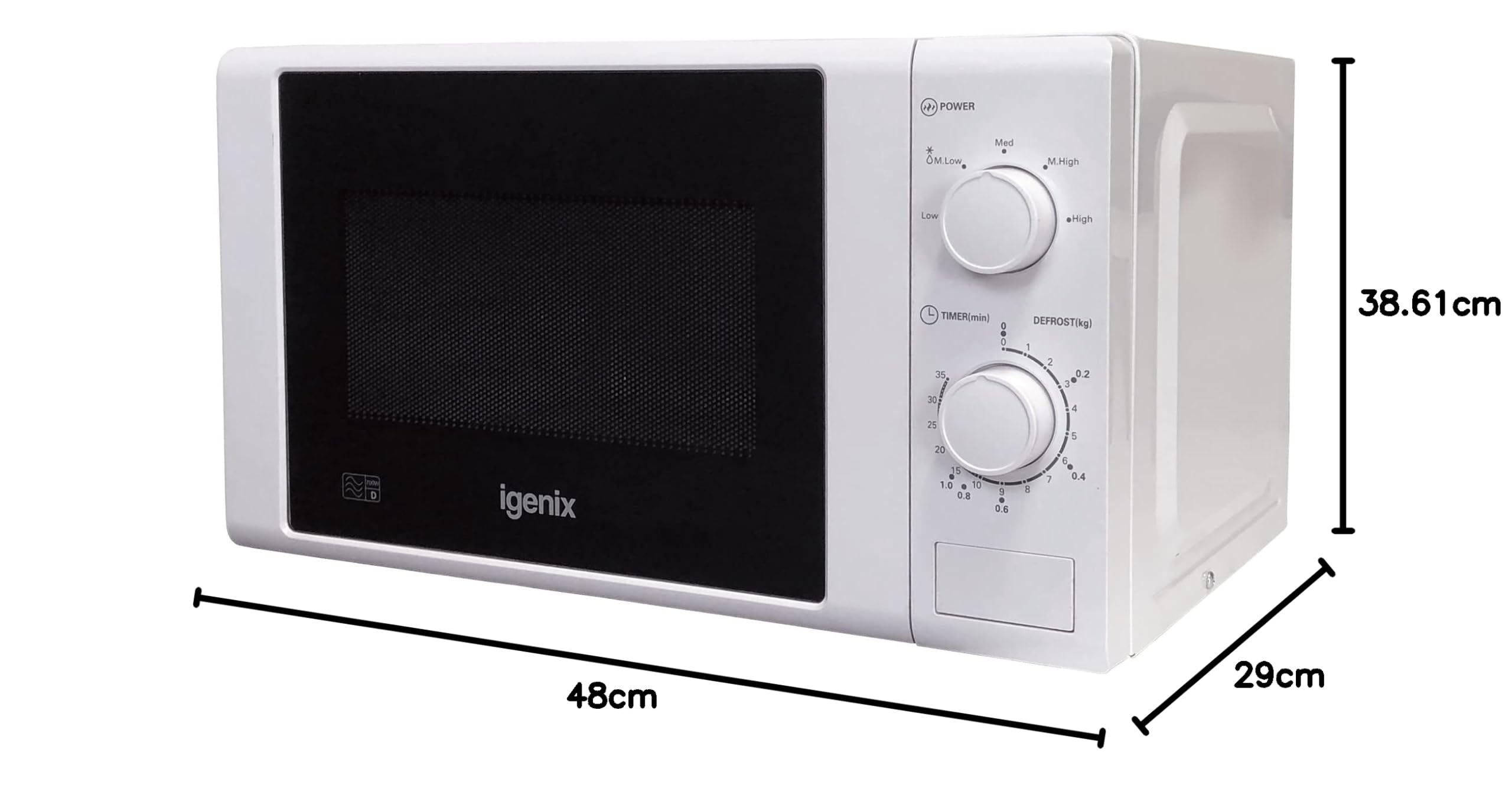 Igenix IG2071 Solo Manual Microwave Oven - 700W, 20L Capacity, 5 Power Levels & Defrost Function, 30-Minute Timer, White - Perfect for Small Kitchens, Dorms & Office Break Rooms