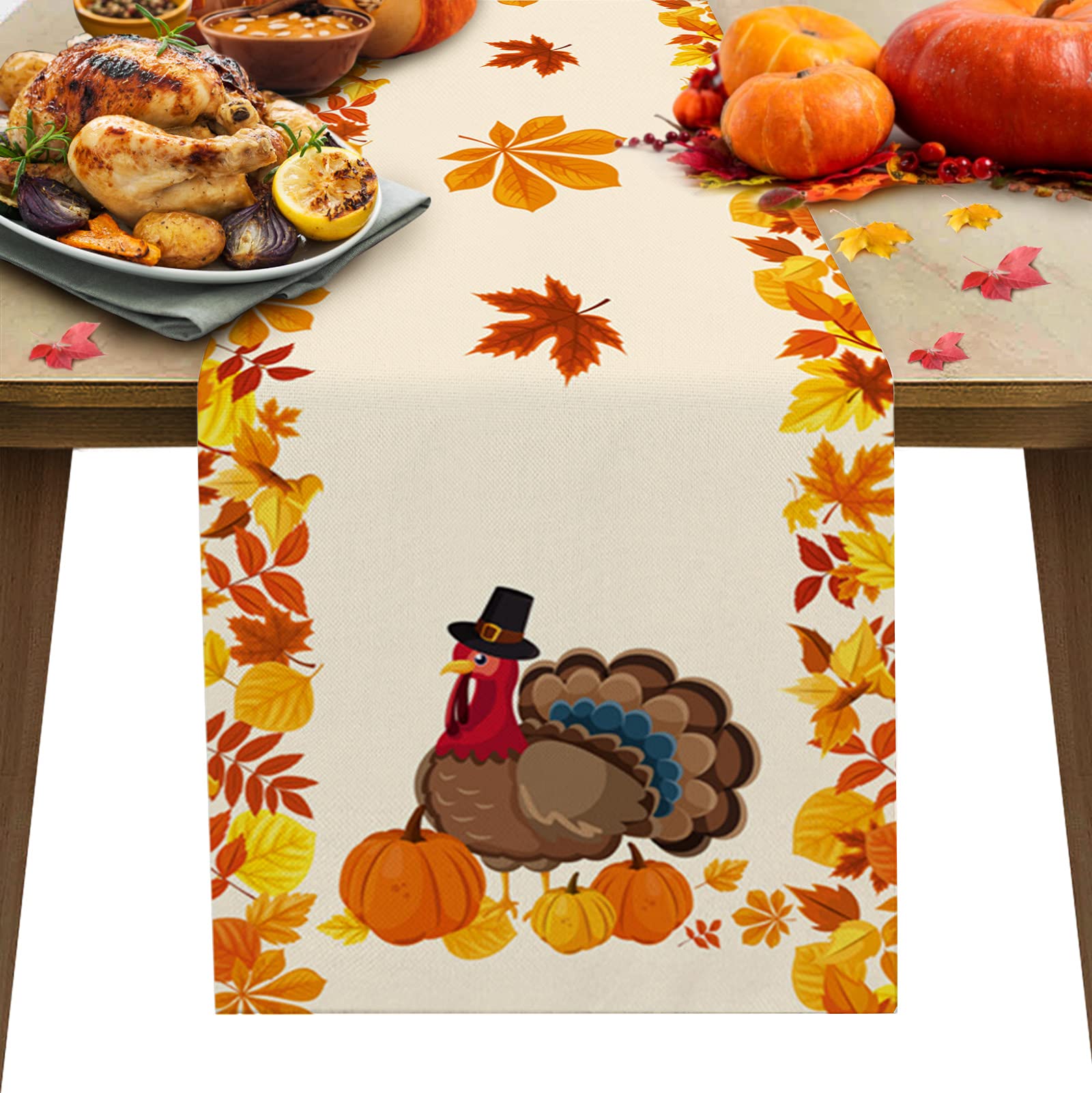 Thanksgiving Table Runner - Non-Slip Cotton Linen Tablecloth with Turkey Pumpkin Maple Leaf Design (13x90 Inch) - Perfect for Fall Dining, Outdoor Weddings, Coffee Parties & Autumn Home Decor