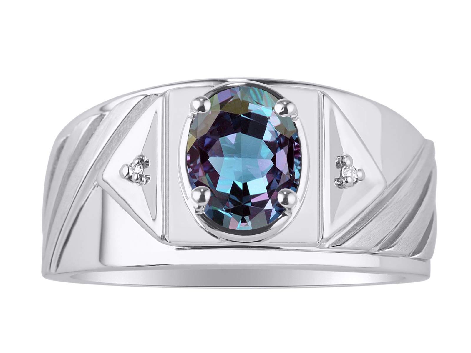 14K White Gold Men's Ring with Oval Gemstone & Genuine Diamond - Classic Designer Style (8x6mm) - Birthstone Rings for Men in Sizes 8-13 - Perfect for Weddings, Anniversaries & Special Occasions