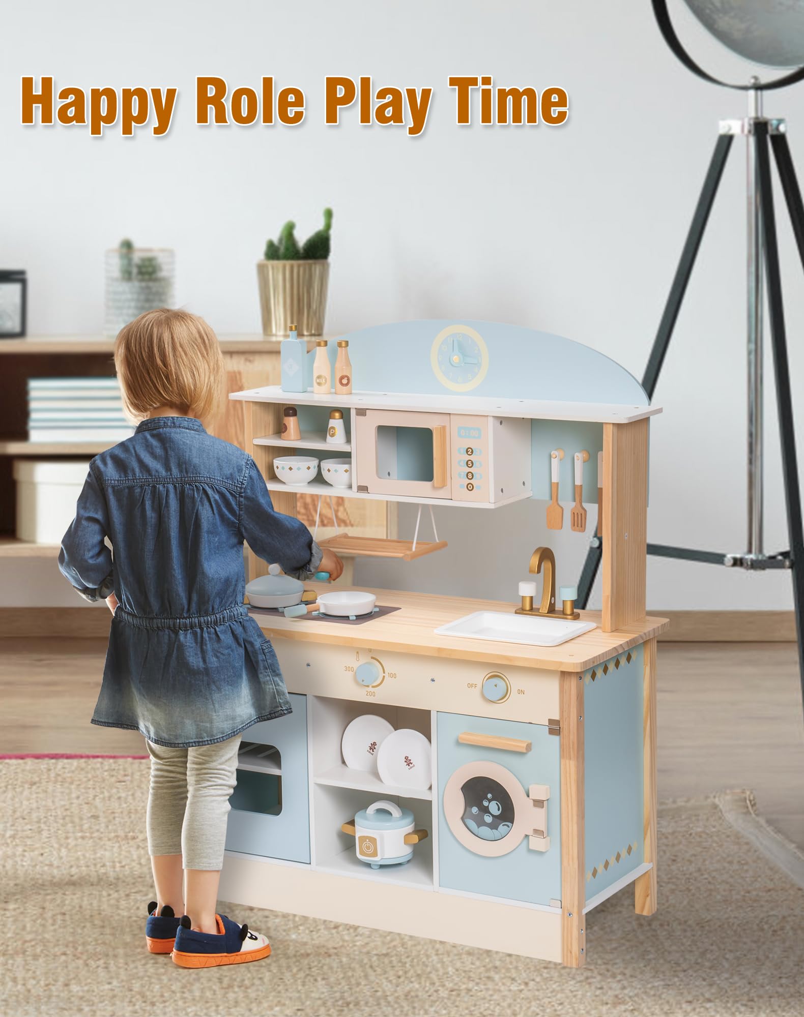 ROBOTIME Wooden Play Kitchen Toy Set for Kids - Realistic Toddler Kitchen with Sink, Stove & Accessories - Pretend Play Kitchen for Boys & Girls Ages 3+ - Perfect Gift for Birthday & Christmas - Great for Home, Preschool & Daycare Role Play